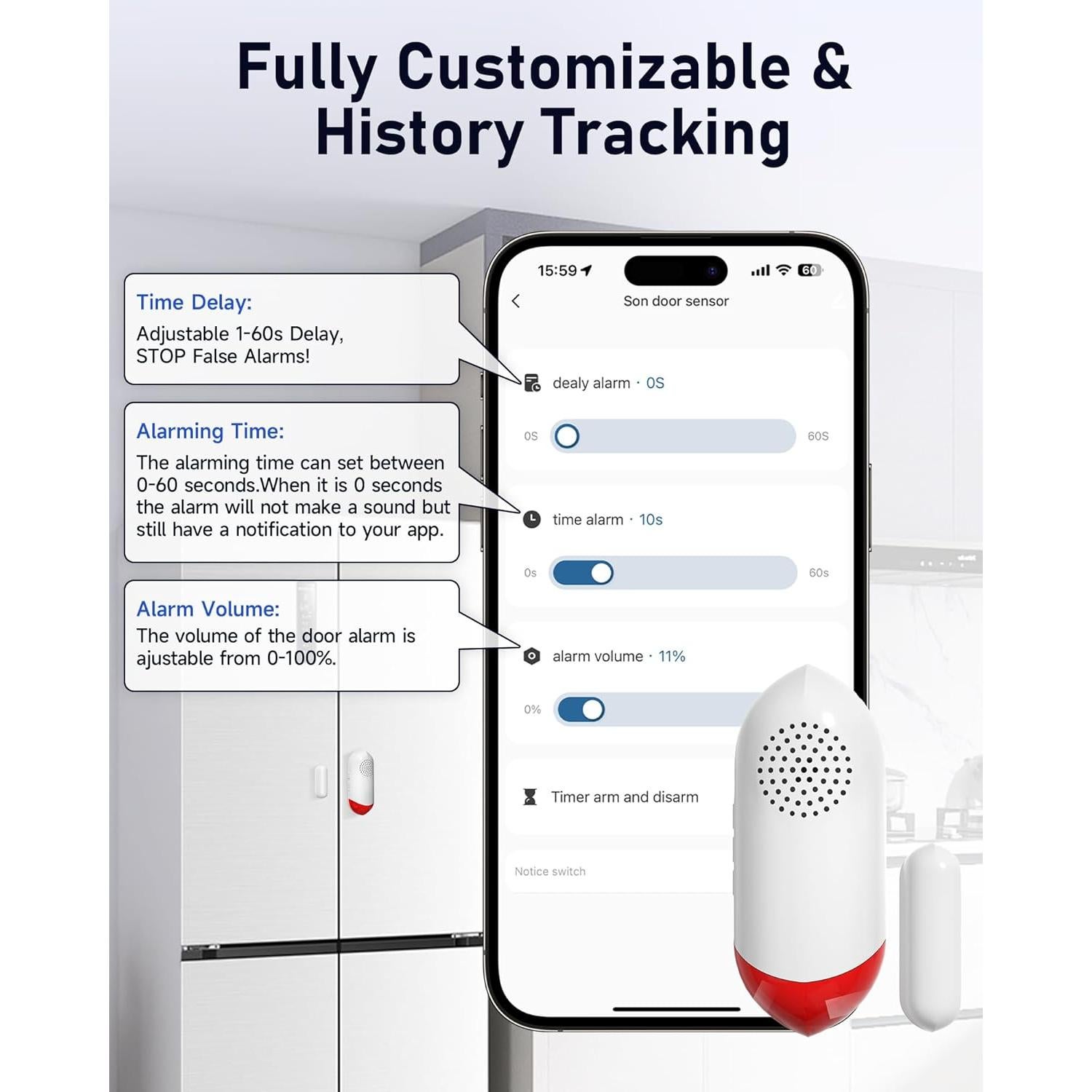 Alarma de Puerta de Congelador WiFi LORA AW401S, 120dB