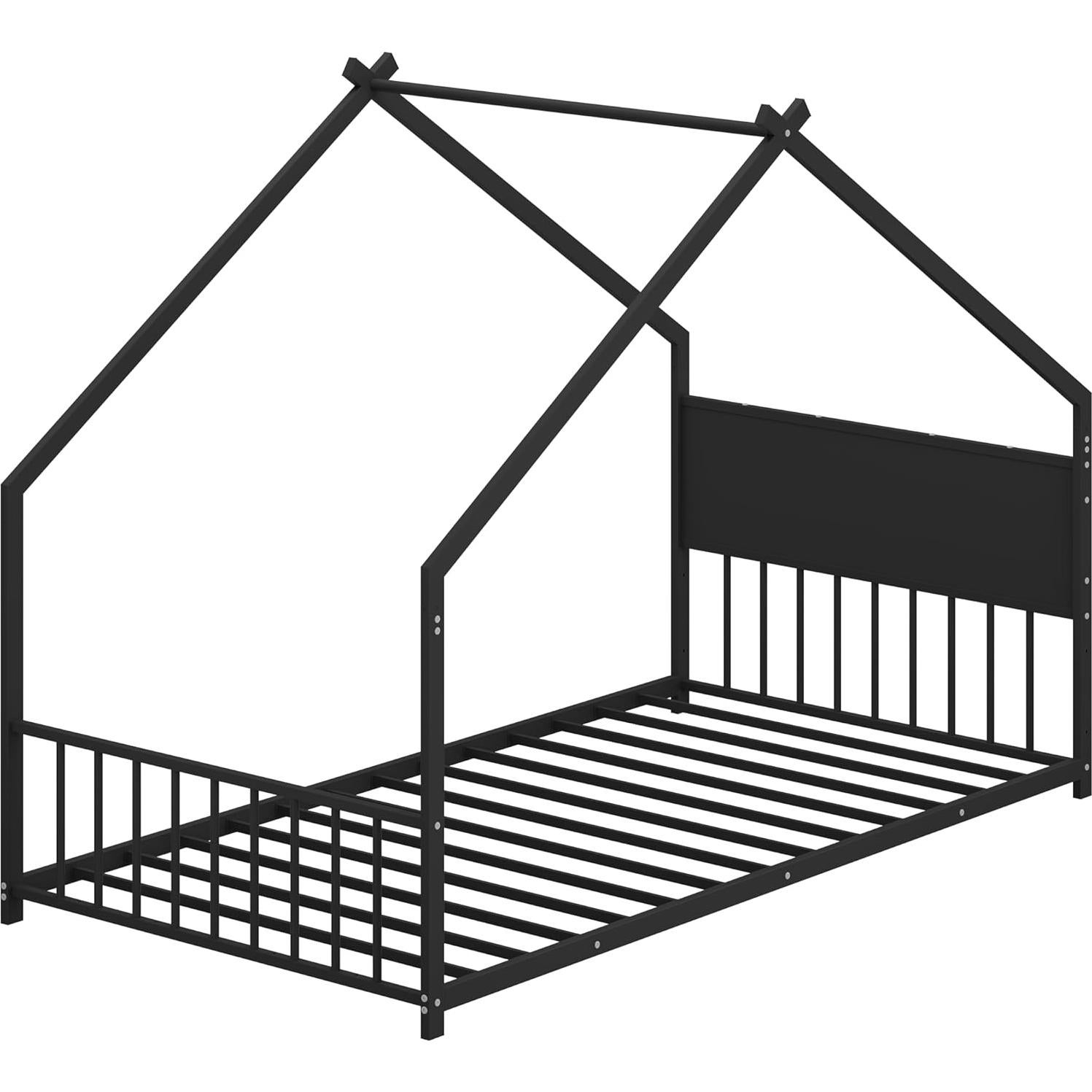 KEIKI Twin Size Montessori Floor Bed with Colorful Lights, Metal House Bed Frame with Slats and Legs for Boy & Girls, No Box Spring Needed (Black)