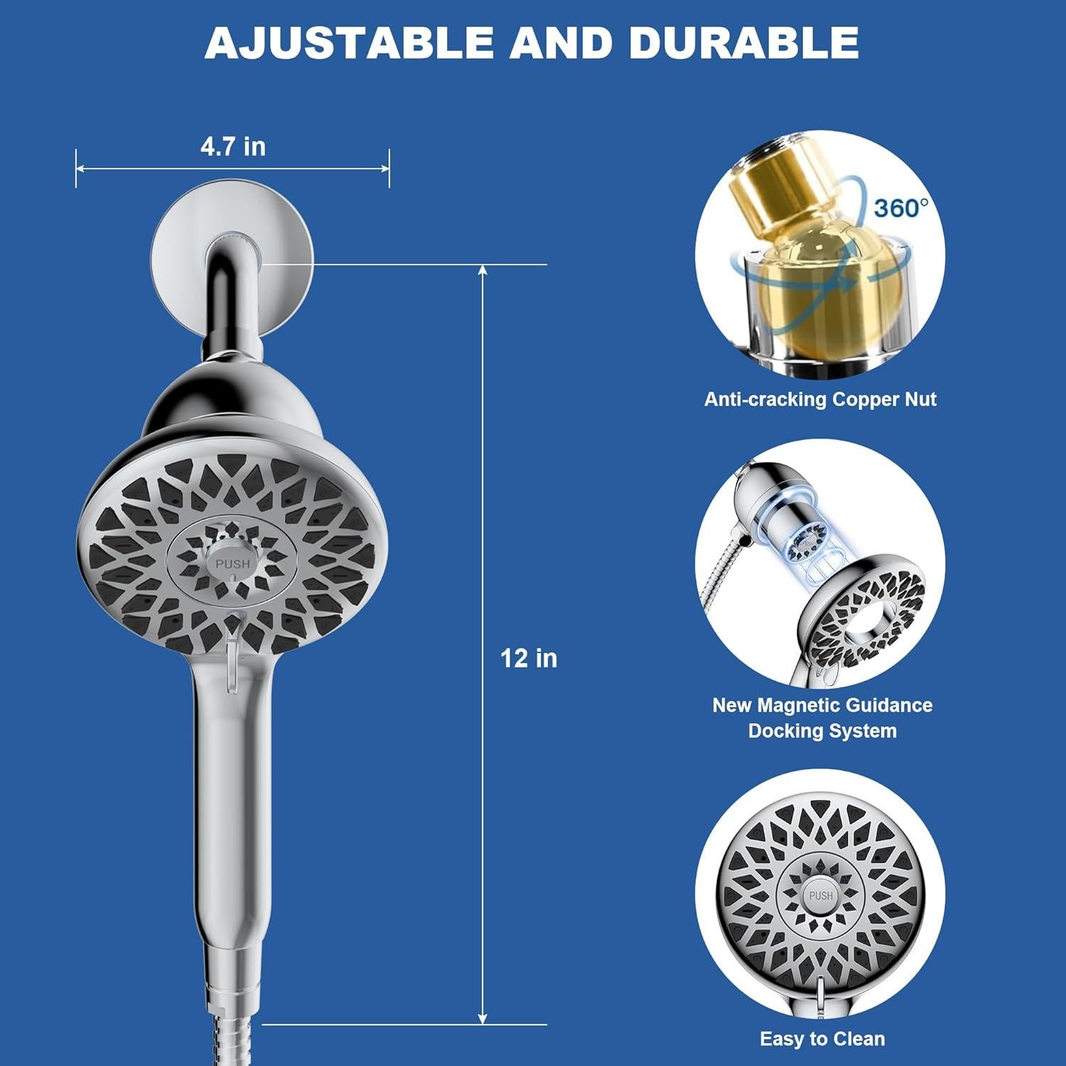 Cabezal de Ducha Aonebath 2-en-1 Cromo con 6 Modos de Rocío