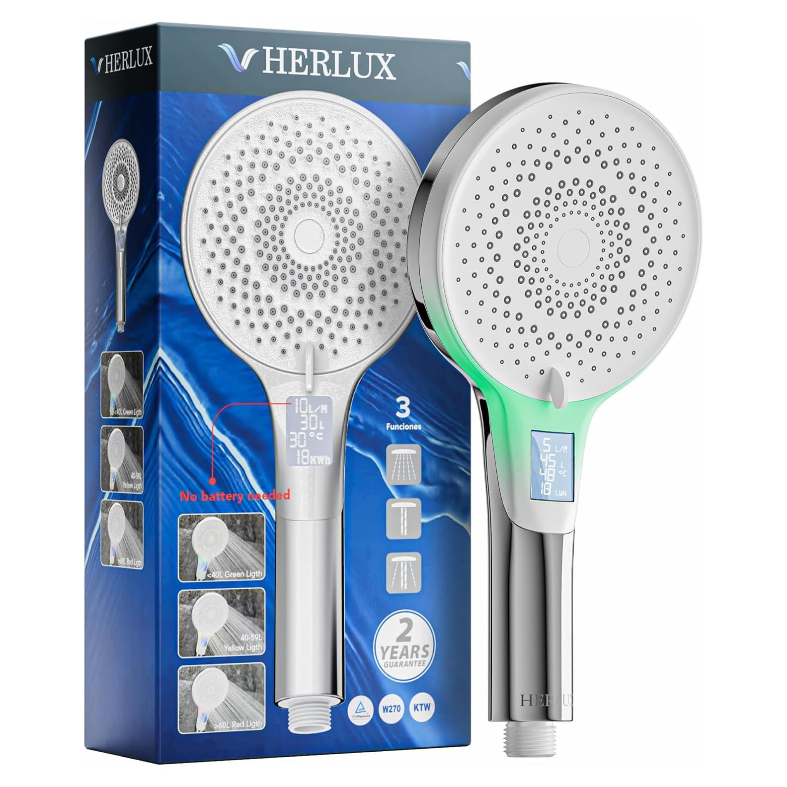 Cabezal de Ducha HERLUX Alta Presión LED 3 Modos Cromo