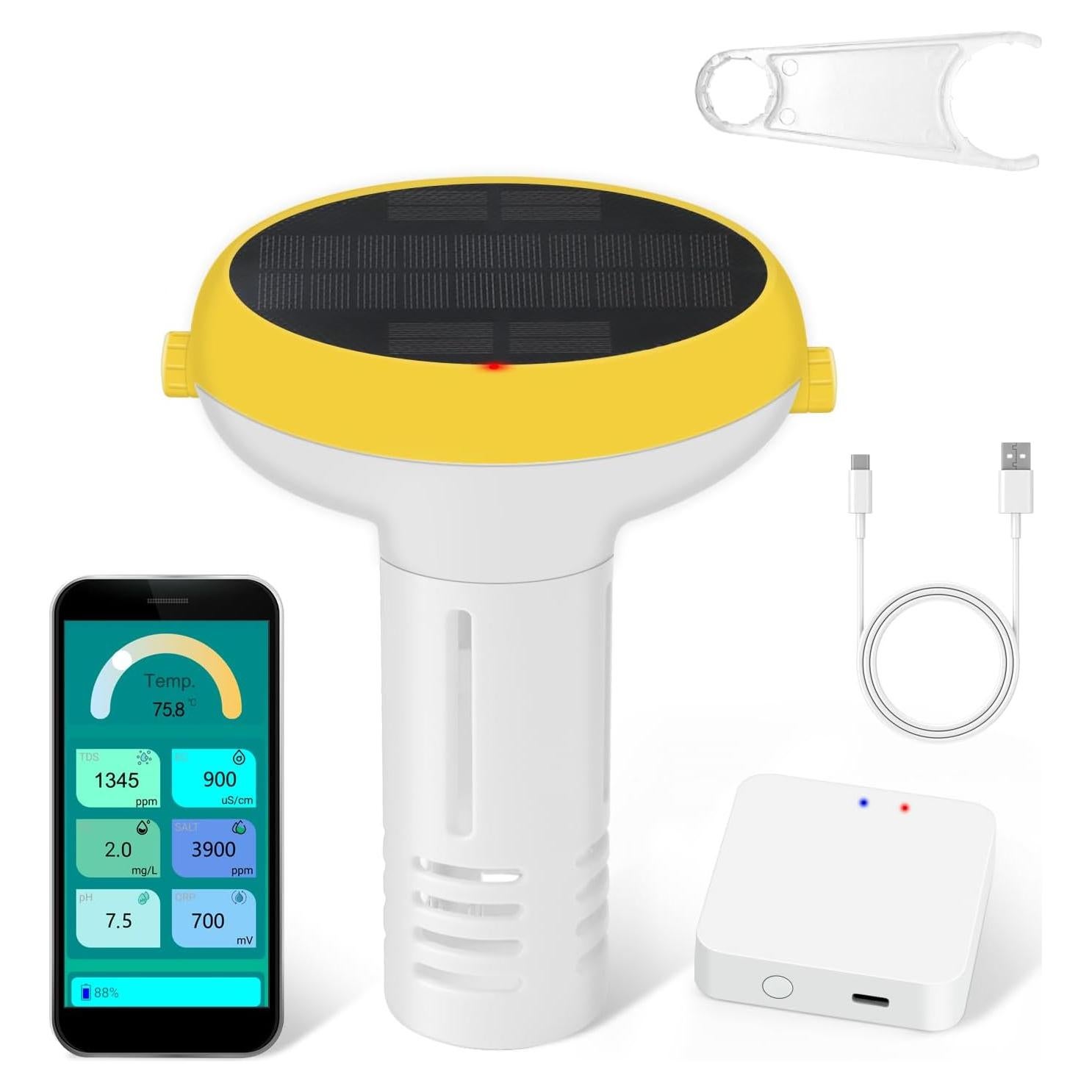 Monitor de Piscina Inteligente Yewhick 7 en 1, Cloro, pH, Salinidad