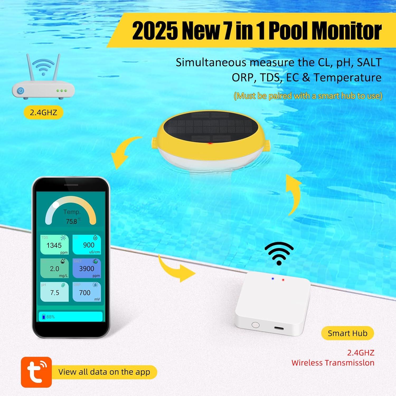 Monitor de Piscina Inteligente Yewhick 7 en 1, Cloro, pH, Salinidad