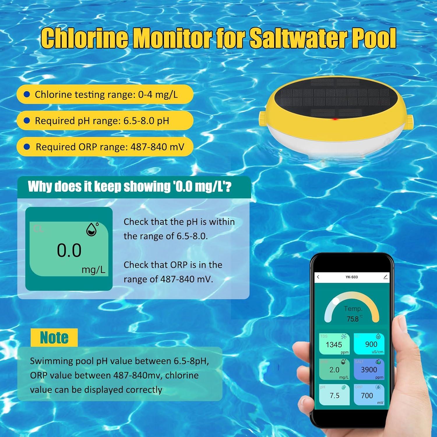 Monitor de Piscina Inteligente Yewhick 7 en 1, Cloro, pH, Salinidad
