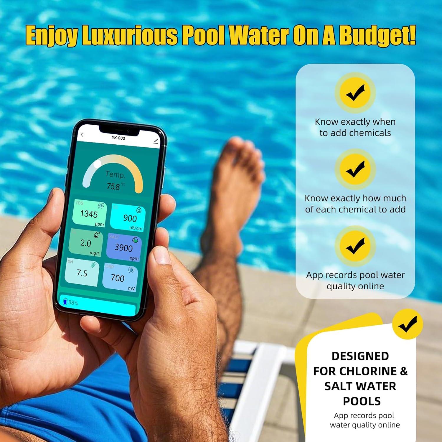 Monitor de Piscina Inteligente Yewhick 7 en 1, Cloro, pH, Salinidad