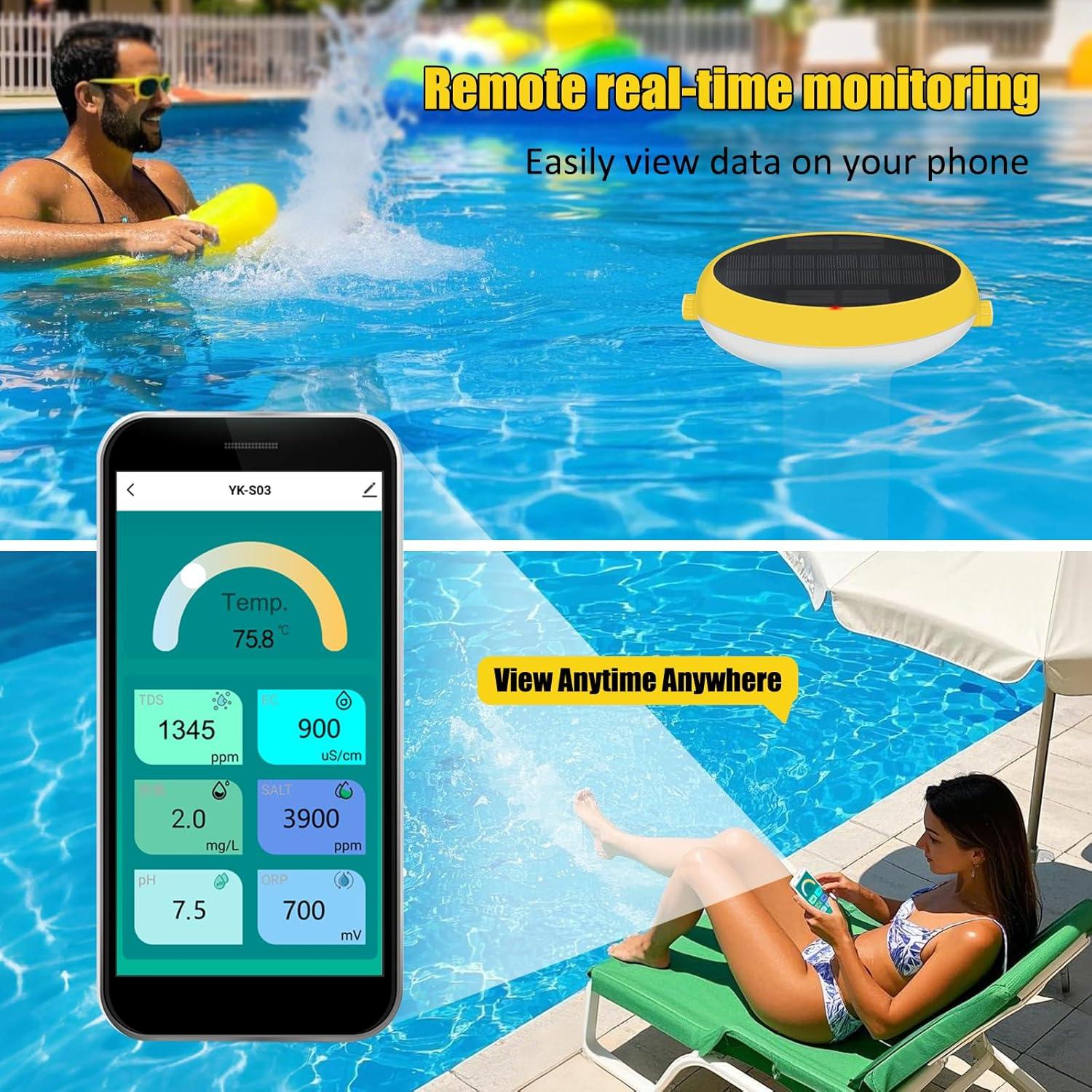 Monitor de Piscina Inteligente Yewhick 7 en 1, Cloro, pH, Salinidad