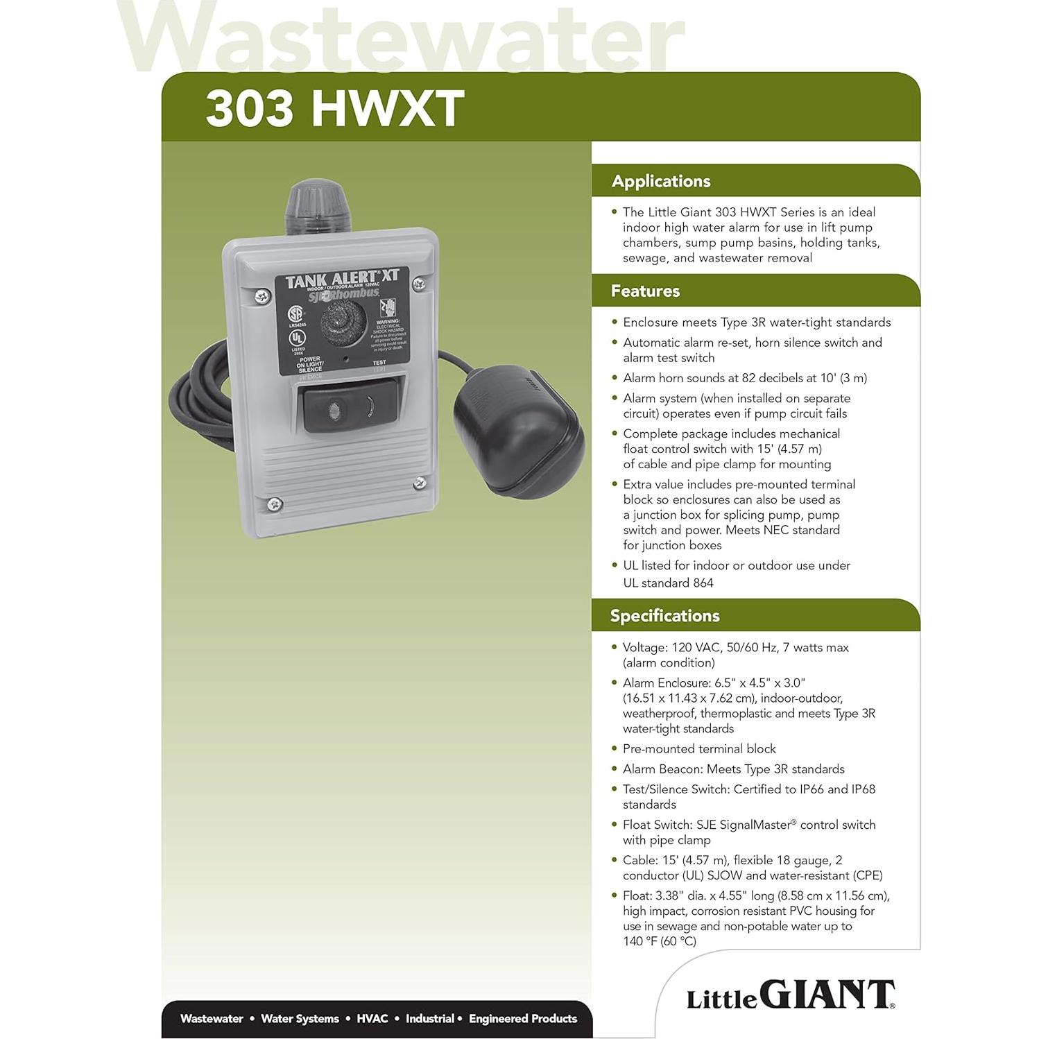 Alarma de Agua Alta Pequeño Gigante 303HWXT 115V con Flotador