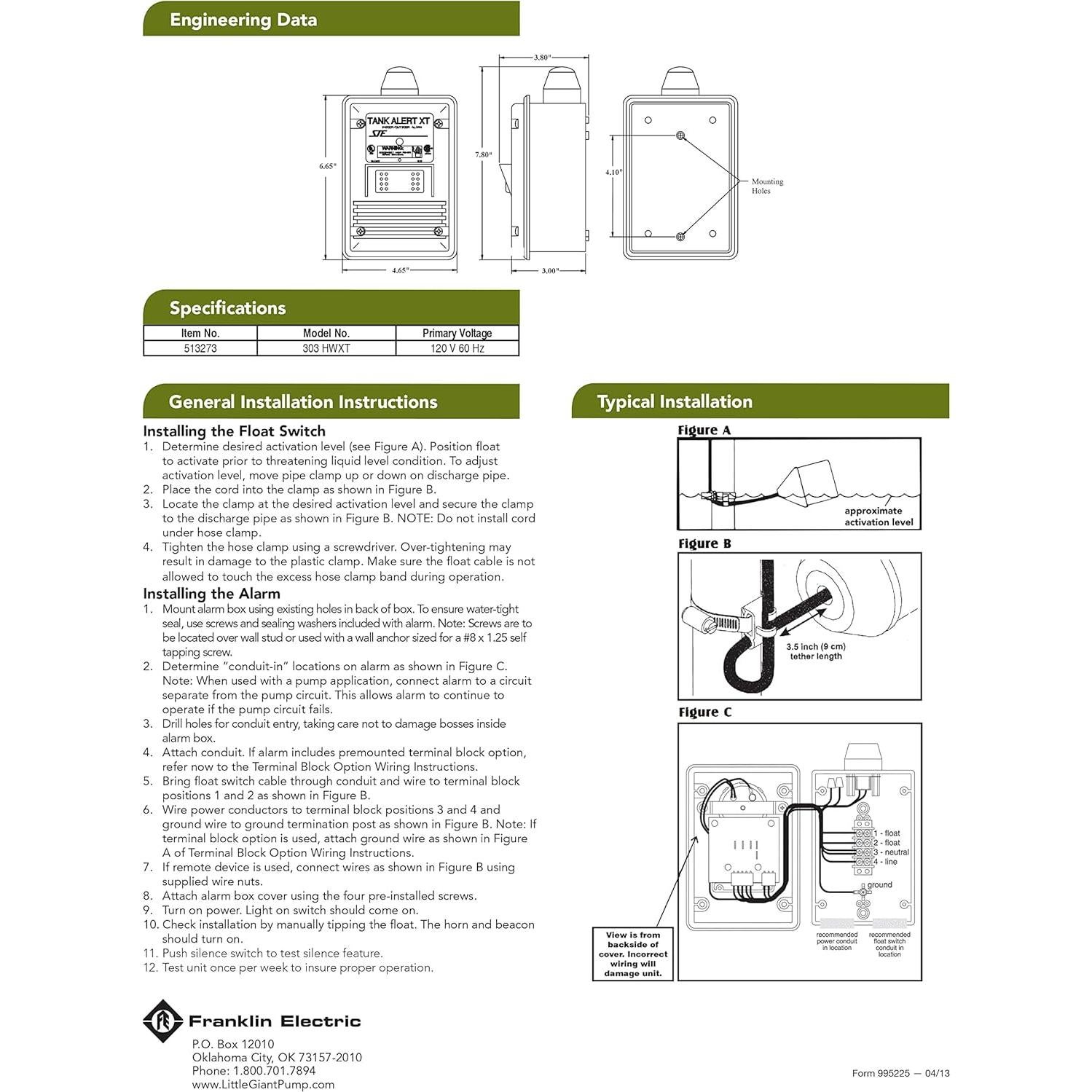 Alarma de Agua Alta Pequeño Gigante 303HWXT 115V con Flotador
