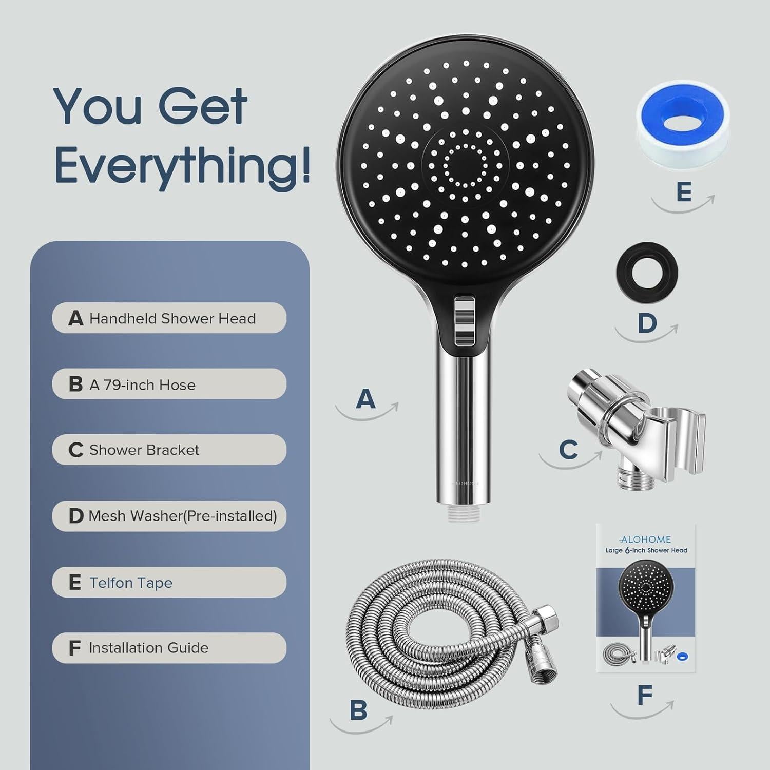 Ducha de Mano ALOHOME 6" Alta Presión con Manguera 200.66 cm