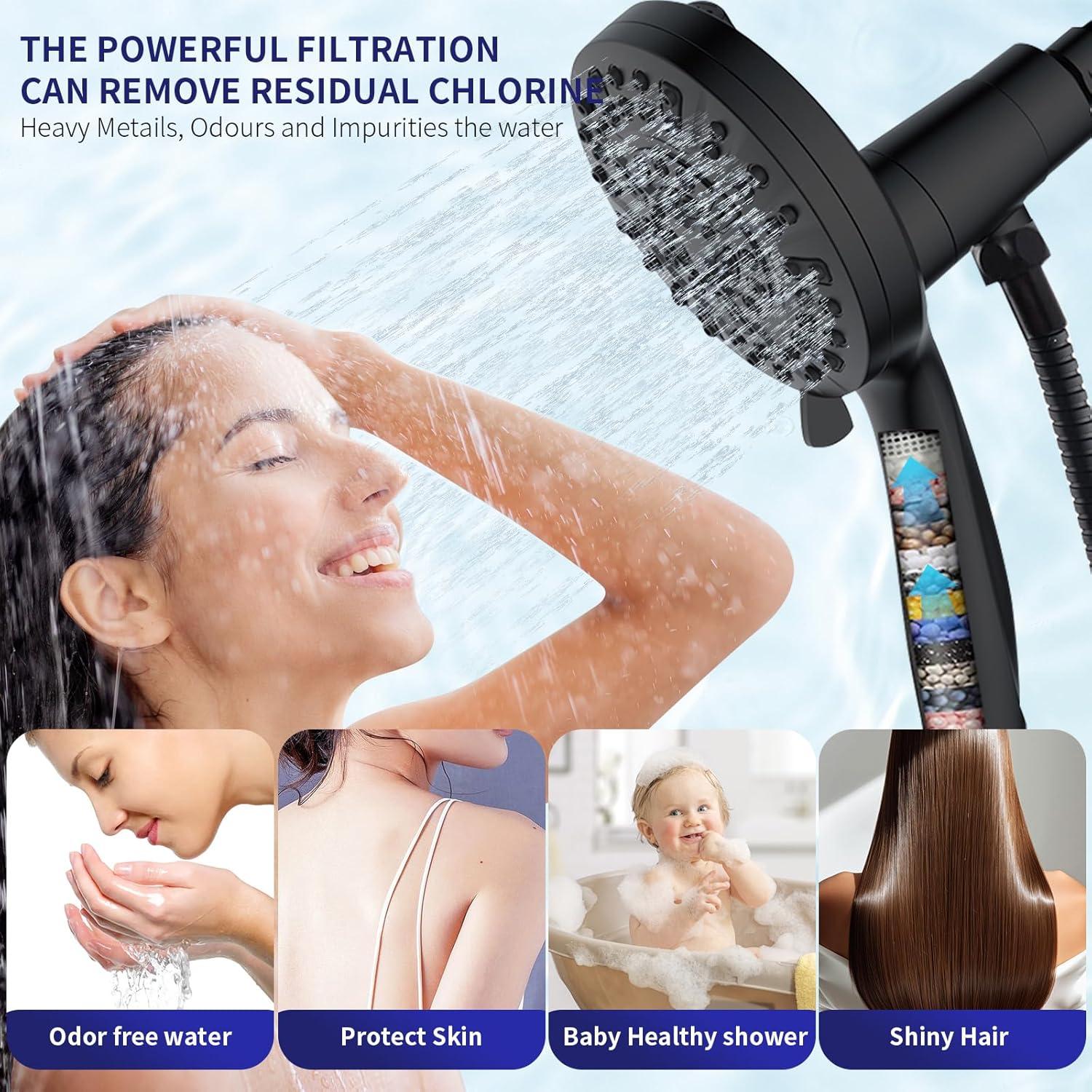 Cabezal de Ducha Filtrado Fyhib - 10 Modos de Rocío, Alta Presión, Negro Mate