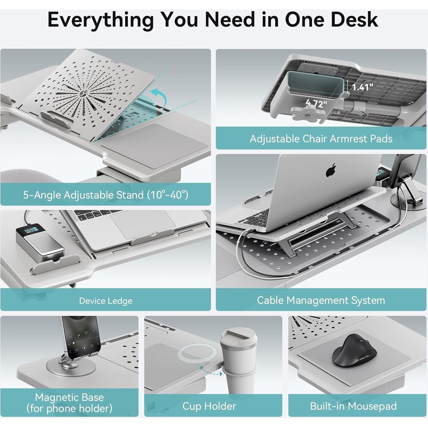 Mesa de cama para laptop Newtral, ajustable y plegable, gris