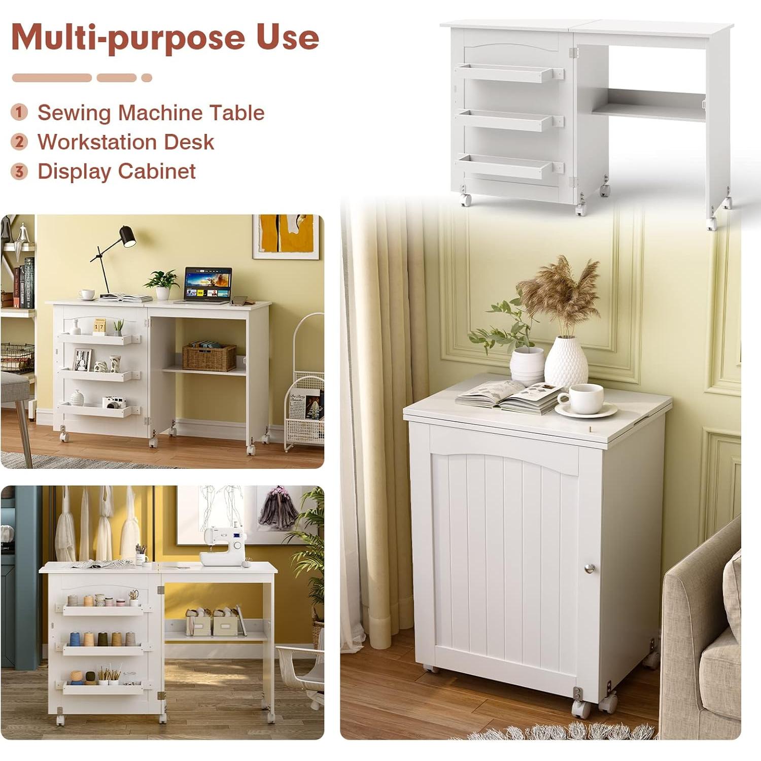 Mesa de Costura Plegable Giantex con 3 Contenedores y Ruedas