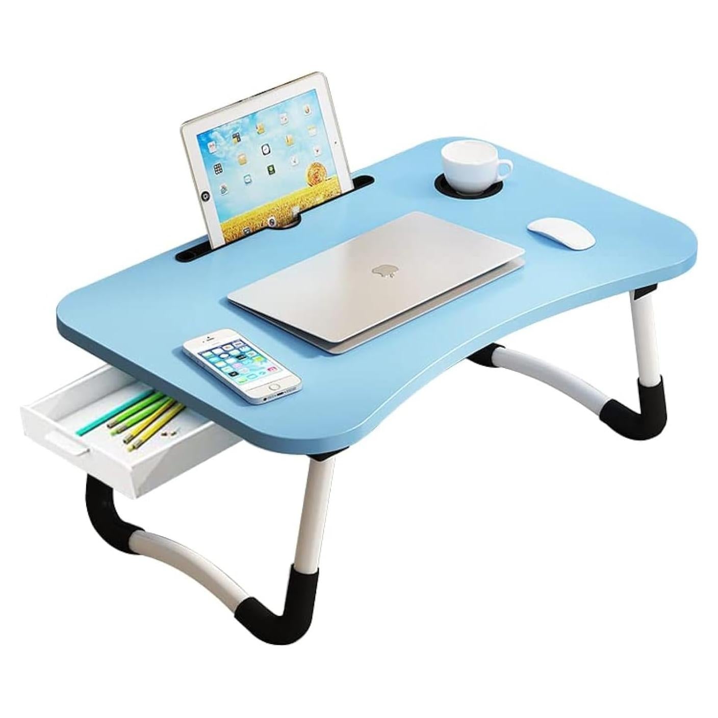 Mesa de Regazo Plegable VebaCidi 60 cm Azul con Cajón y Soporte