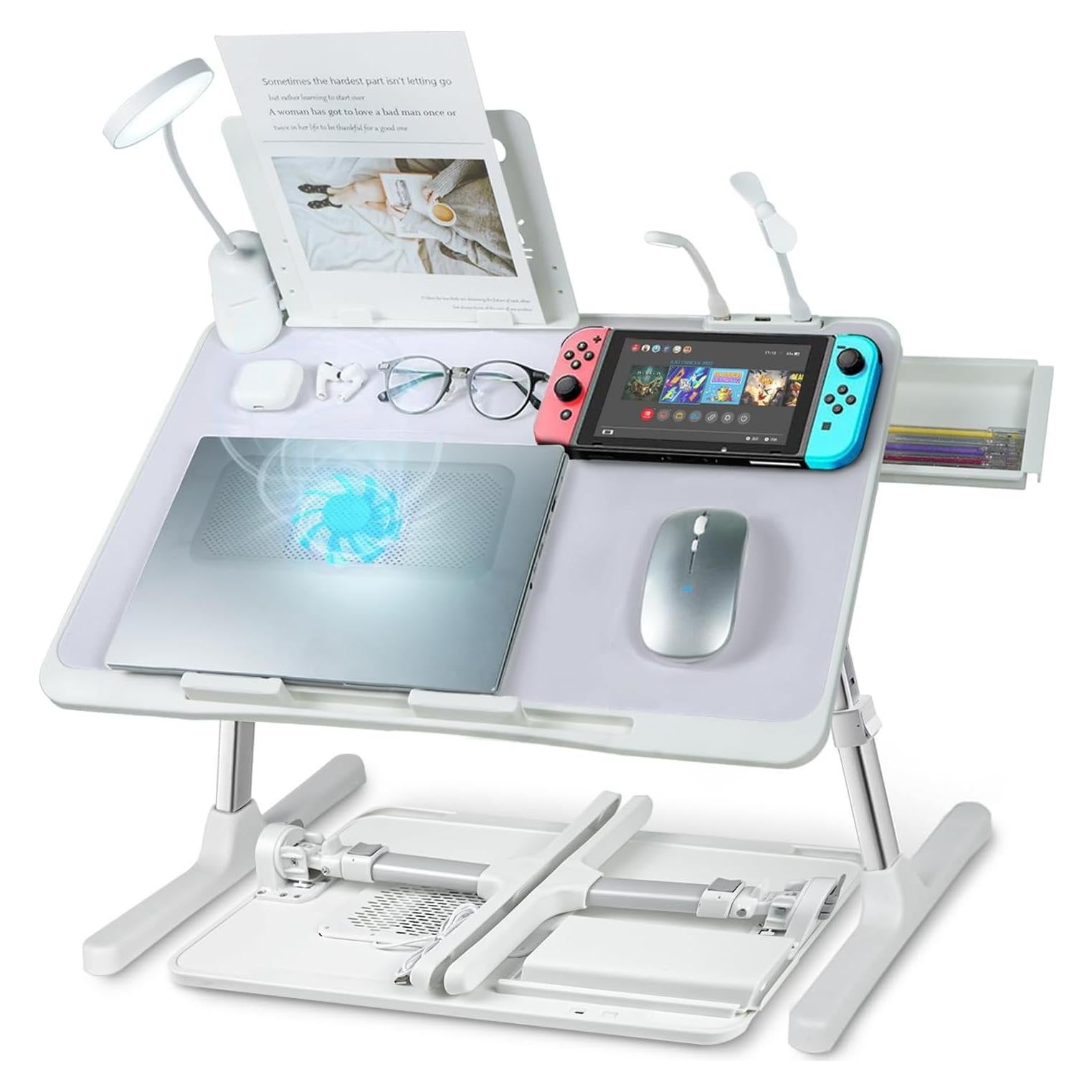 Escritorio portátil ajustable IXTRA con ventilador y luz USB 56x32cm