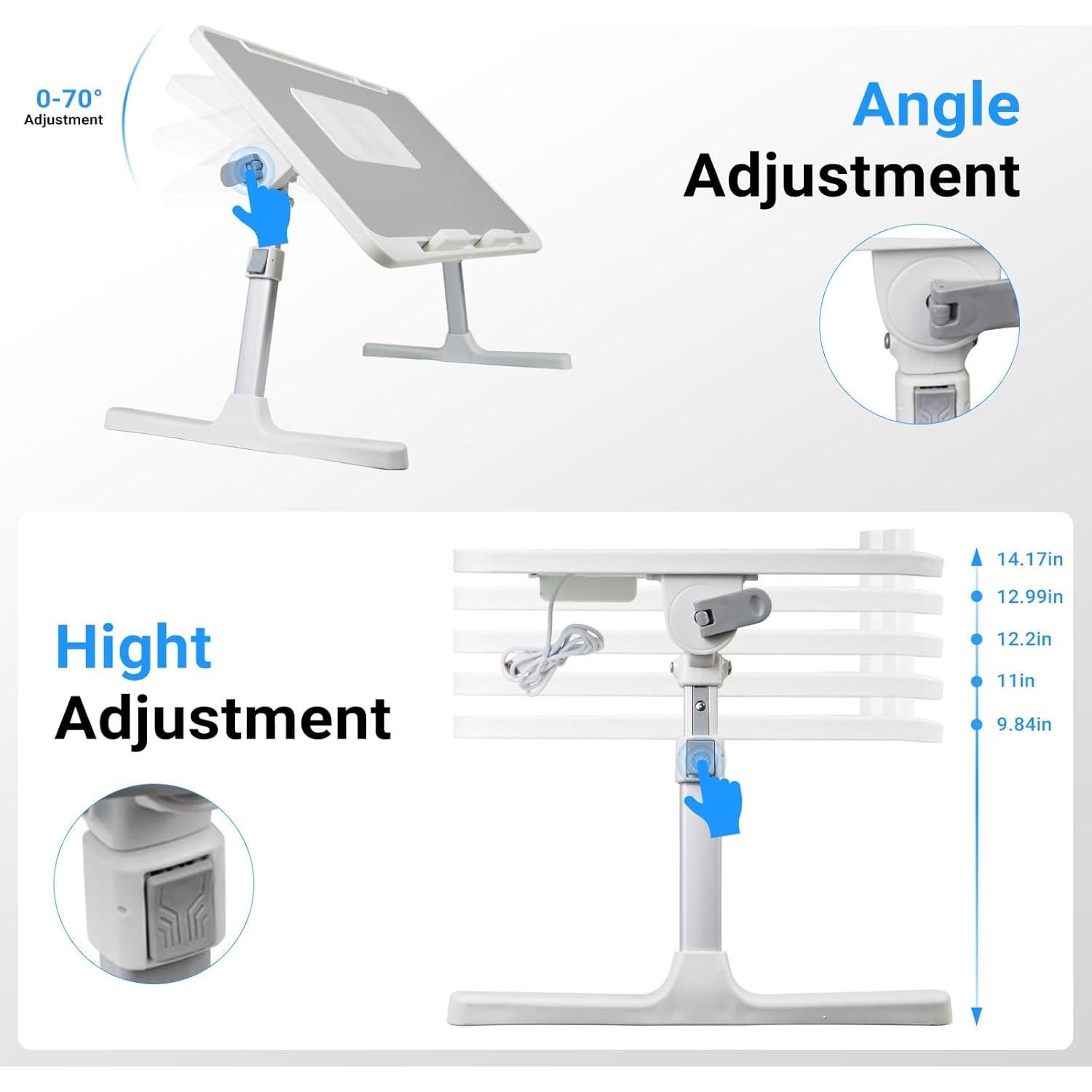 Escritorio portátil ajustable IXTRA con ventilador y luz USB 56x32cm
