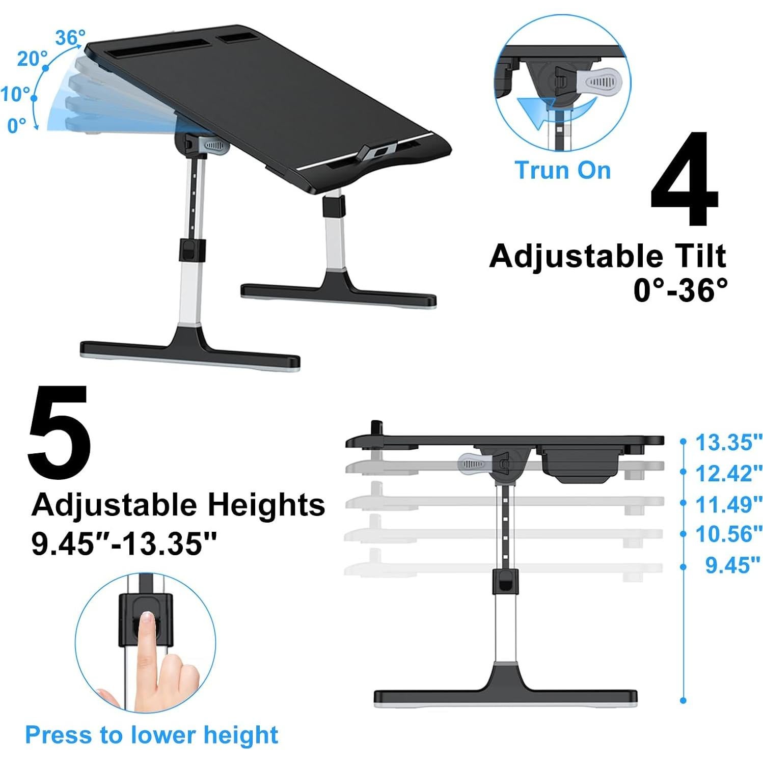 Escritorio de Cama Ajustable EVETTO 60x40 cm Negro Cuero PVC