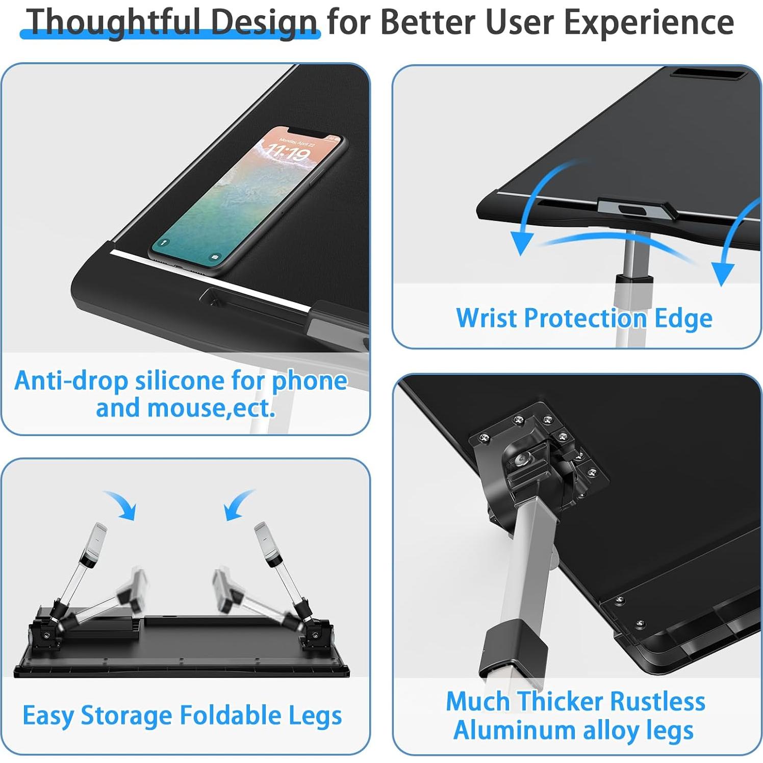 Escritorio de Cama Ajustable EVETTO 60x40 cm Negro Cuero PVC