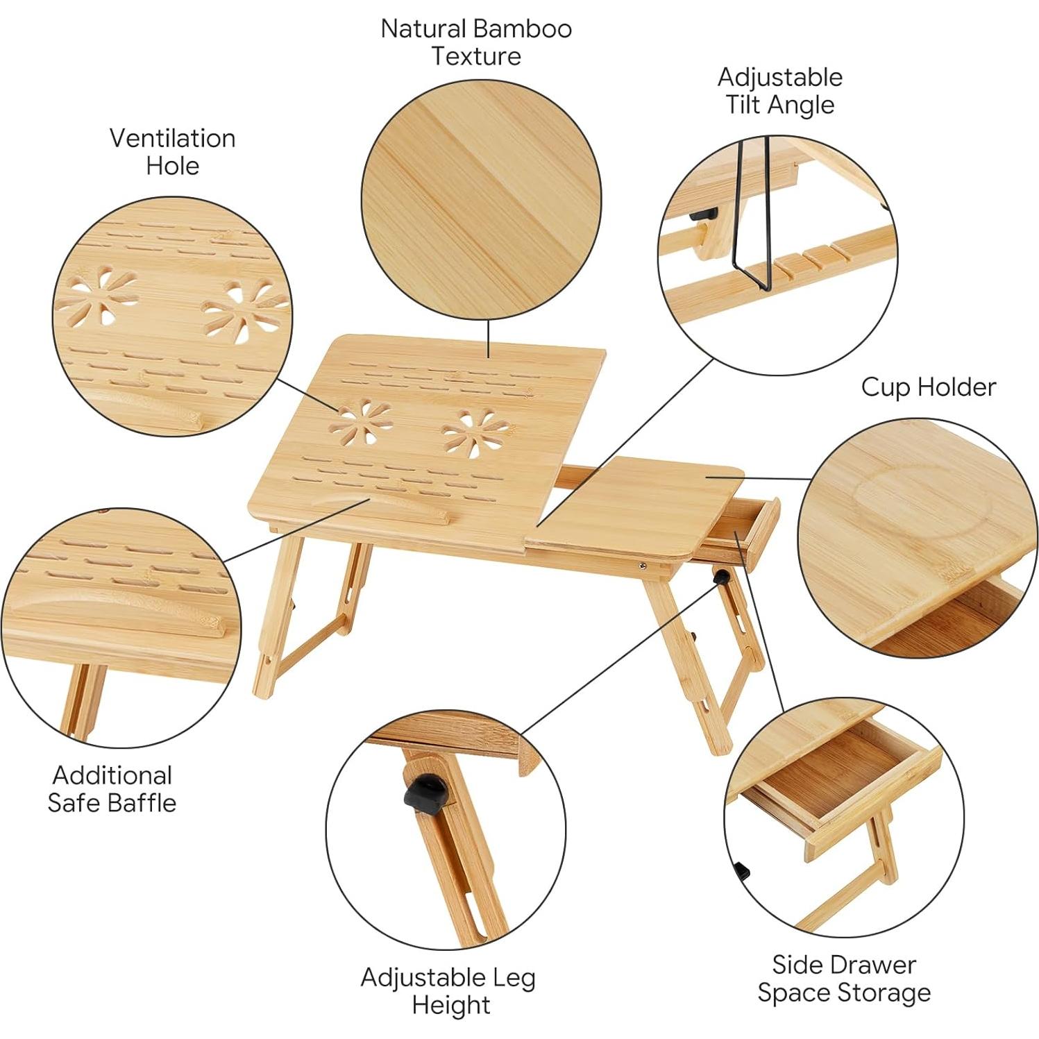 Escritorio Plegable de Bambú Usofhaus con Cajón Ajustable 49.5x29.5cm