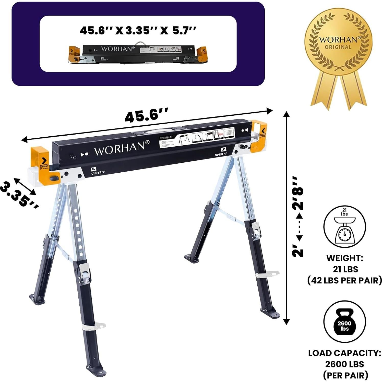 Paquete de 2 Caballetes Plegables WORHAN S600A 1180 kg Ajustables