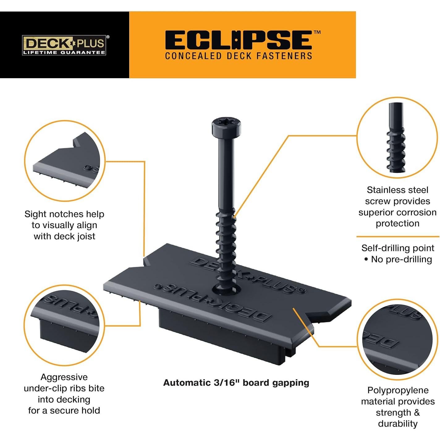 Sujetadores Ocultos Deck Plus Eclipse Ozco, Acero Inoxidable, 90 Pzas