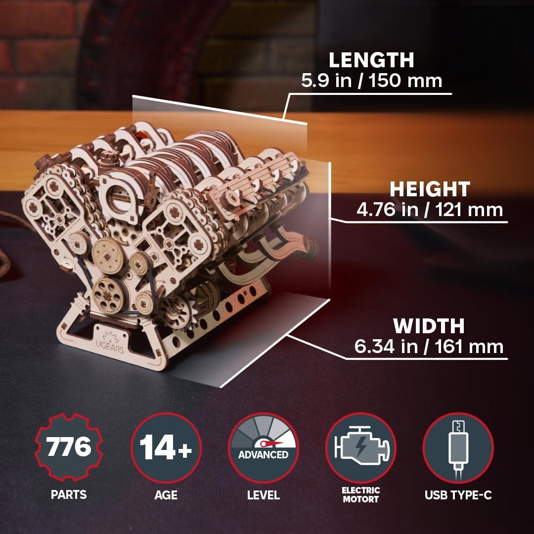Kit de Modelo de Motor V8 UGEARS - Rompecabezas 3D de Madera 776 Piezas