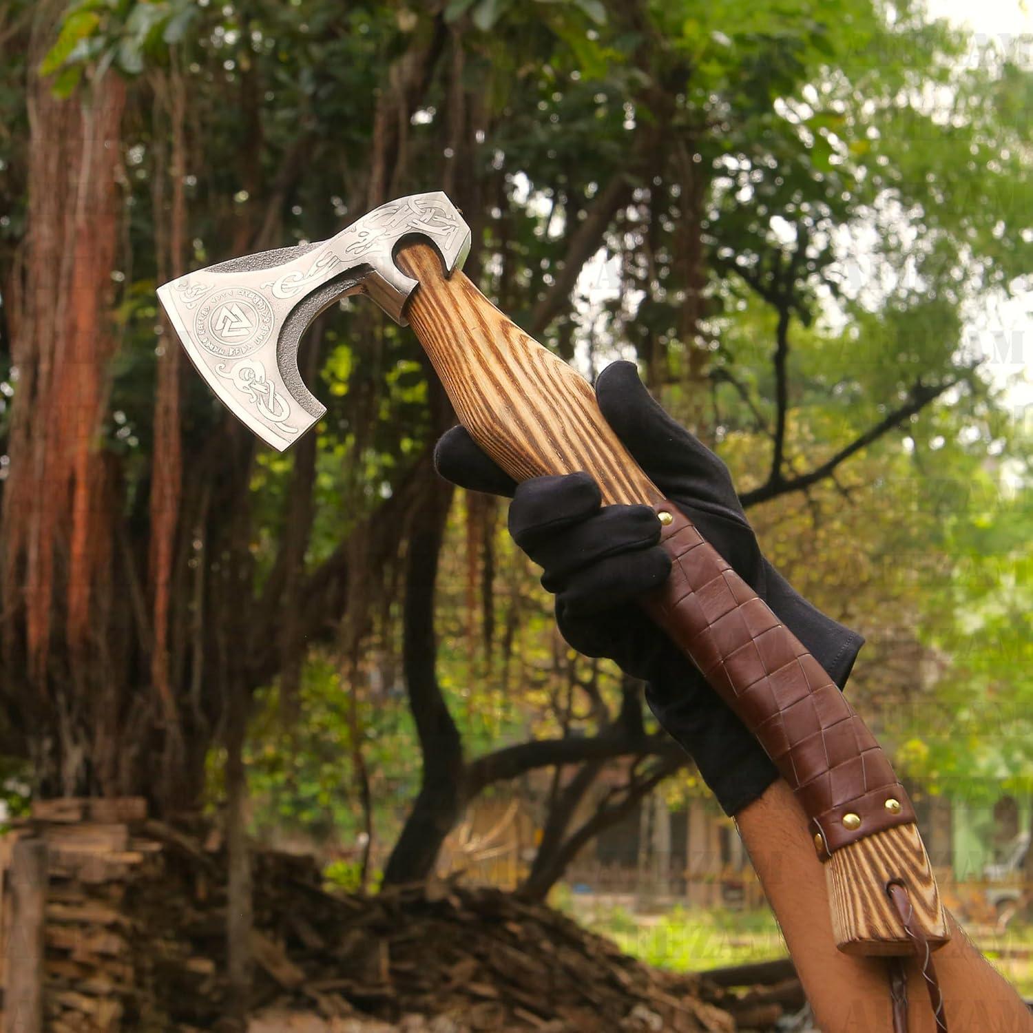 Hacha Vikingo Afhzam con Cuchillo y Fundas de Cuero - 1.18 kg