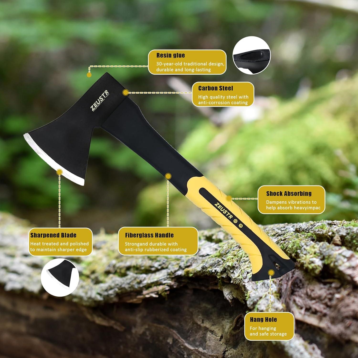 Hacha de Camping ZEUSTR 28 cm, Acero Forjado, Mango Absorbente