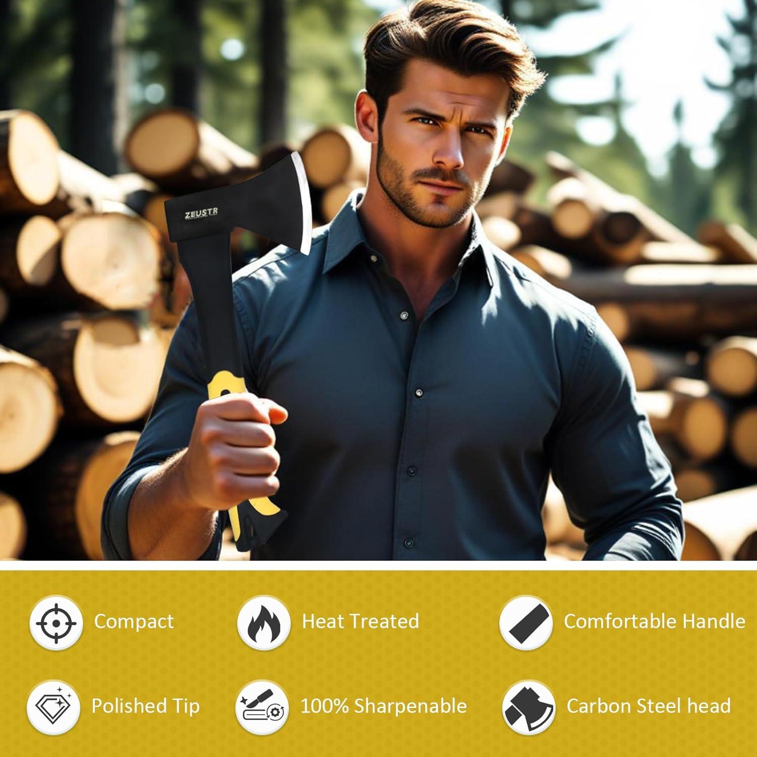 Hacha de Camping ZEUSTR 28 cm, Acero Forjado, Mango Absorbente