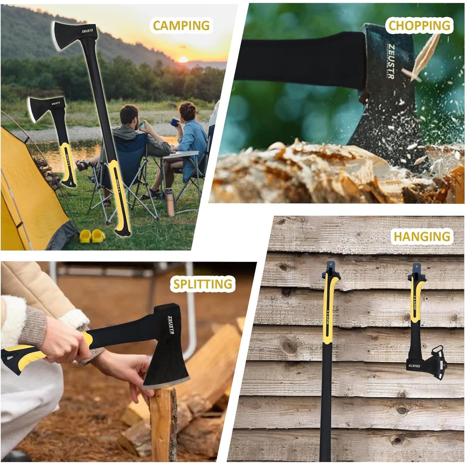 Hacha de Camping ZEUSTR 28 cm, Acero Forjado, Mango Absorbente