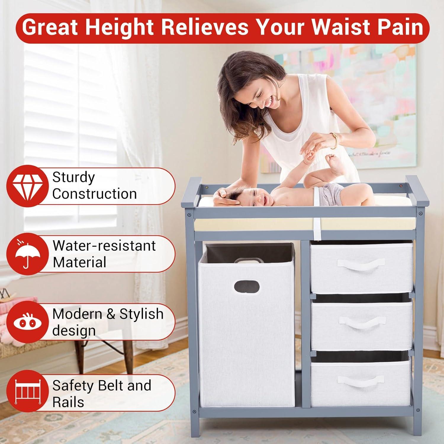 Mesa de Cambio de Bebé GarveeLife de Madera Gris 90x53.5cm