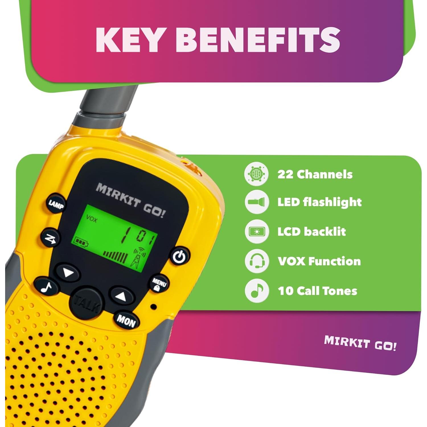 MIRKIT GO! Juego de 4 Walkie Talkies para Niños + 4 Juegos