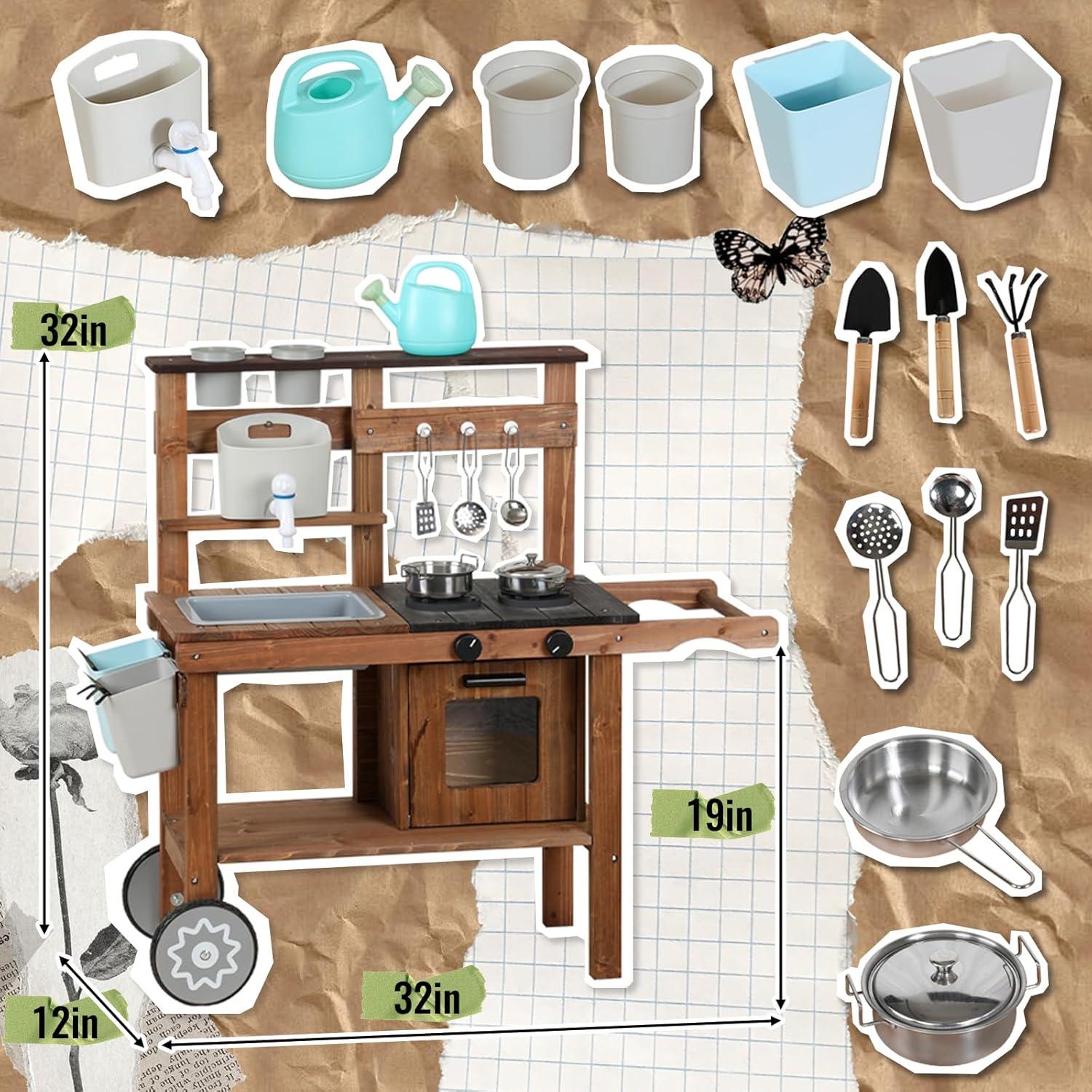 Juego de Cocina de Madera WOODENFUN con Ruedas y Accesorios