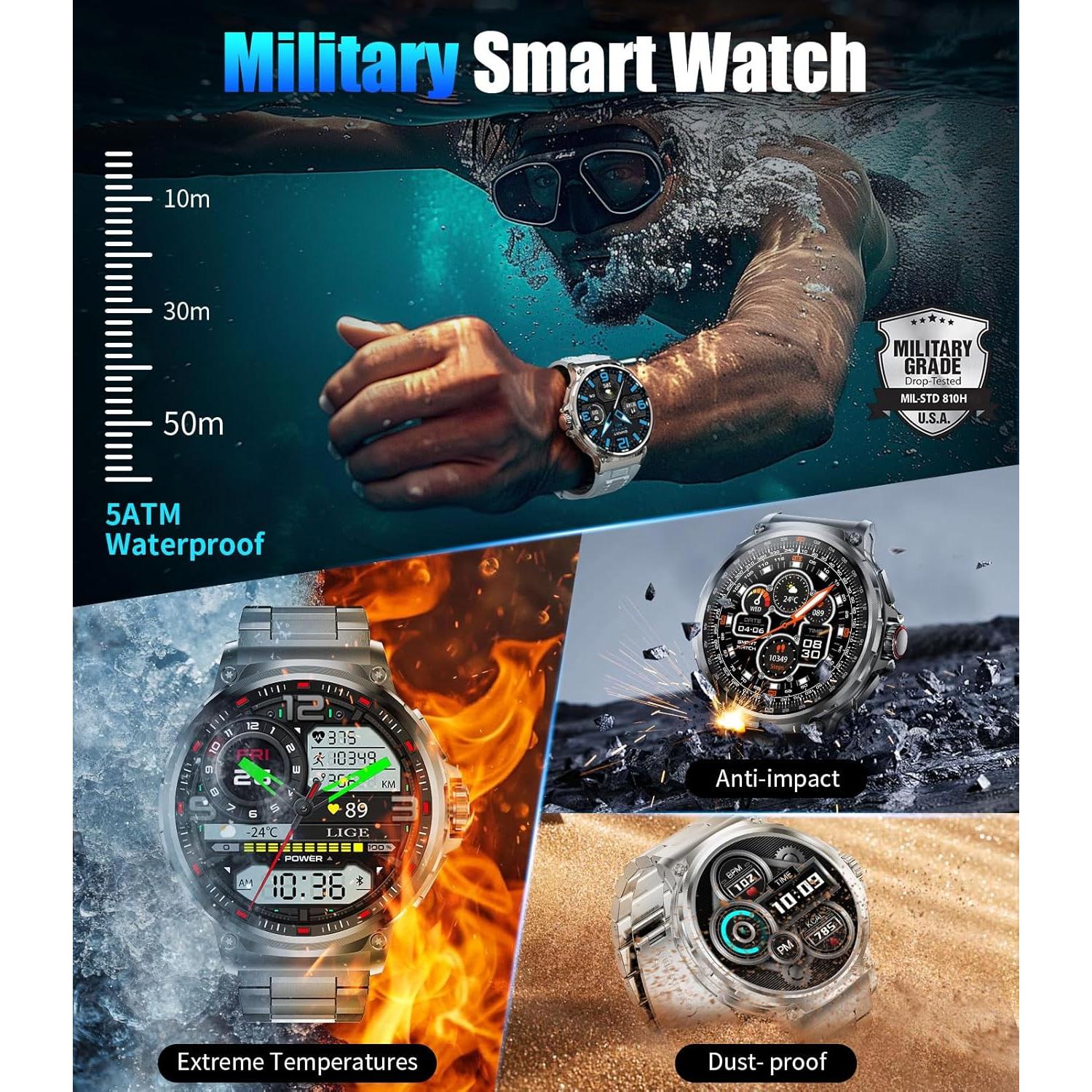 Reloj Inteligente Militar SUNKTA 1.85" HD Bluetooth Negro