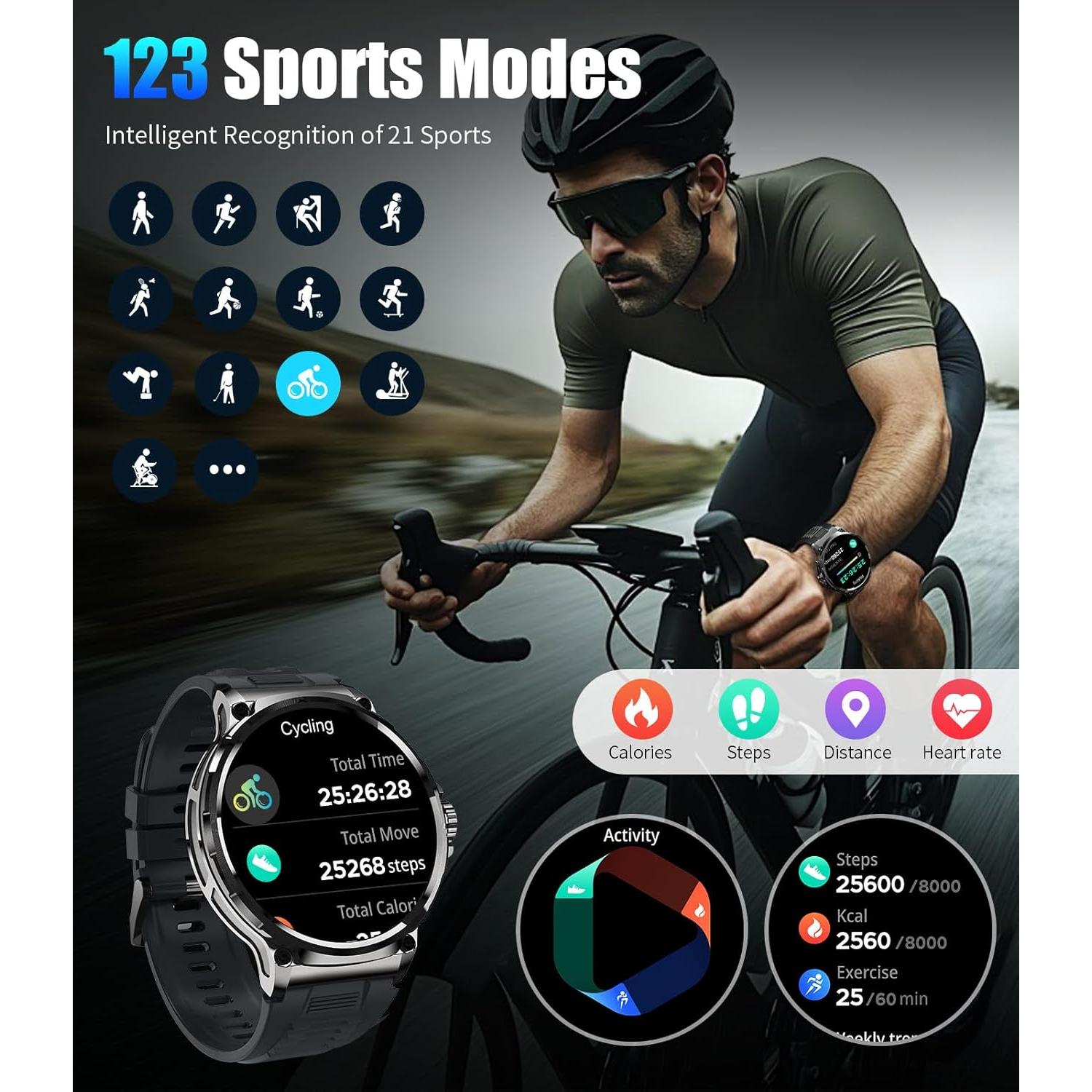 Reloj Inteligente Militar SUNKTA 1.85" HD Bluetooth Negro