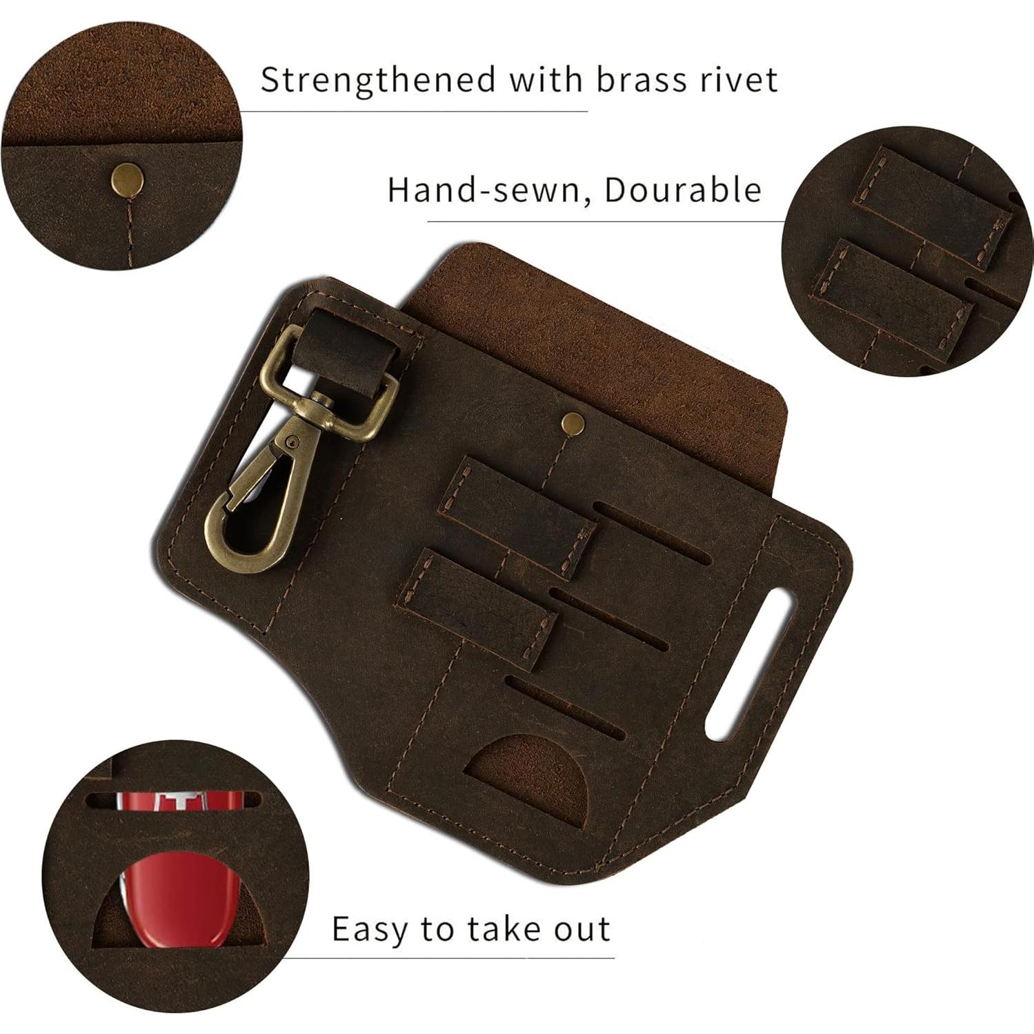 Funda de Cinturón EDC de Cuero CestAntiQ - Marrón, 3 Bolsillos