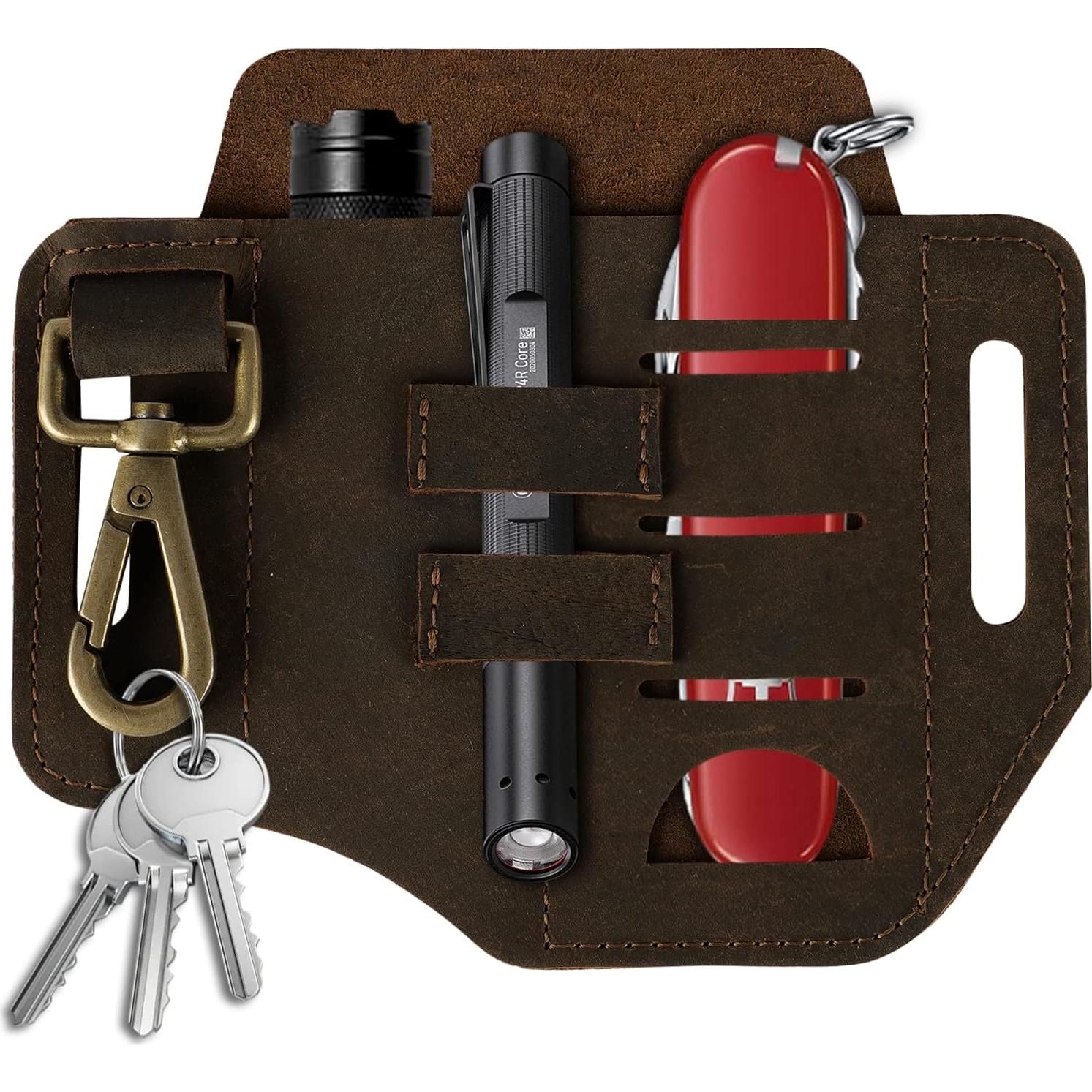 Funda de Cinturón EDC de Cuero CestAntiQ - Marrón, 3 Bolsillos
