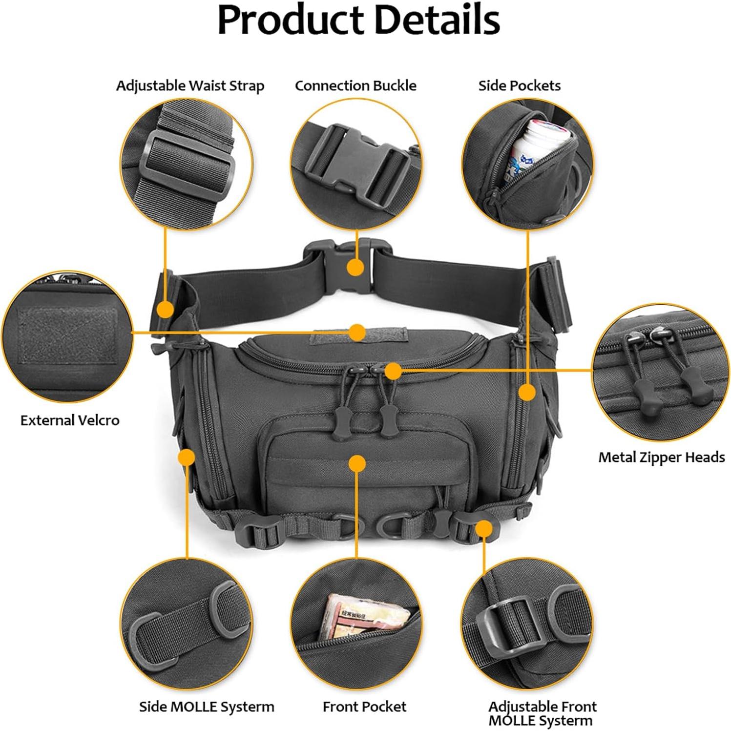 Mochila Táctica de Cintura CamGo Negra 24x12x18cm Resistente al Agua