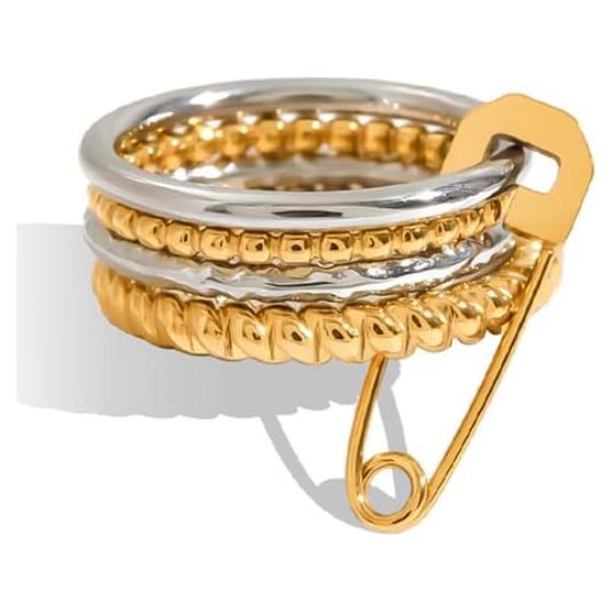 Conjunto de 4 Anillos Apilables de Acero Titanio Tono Plateado/Oro