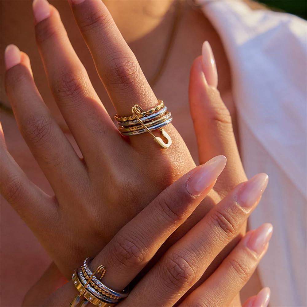 Conjunto de 4 Anillos Apilables de Acero Titanio Tono Plateado/Oro