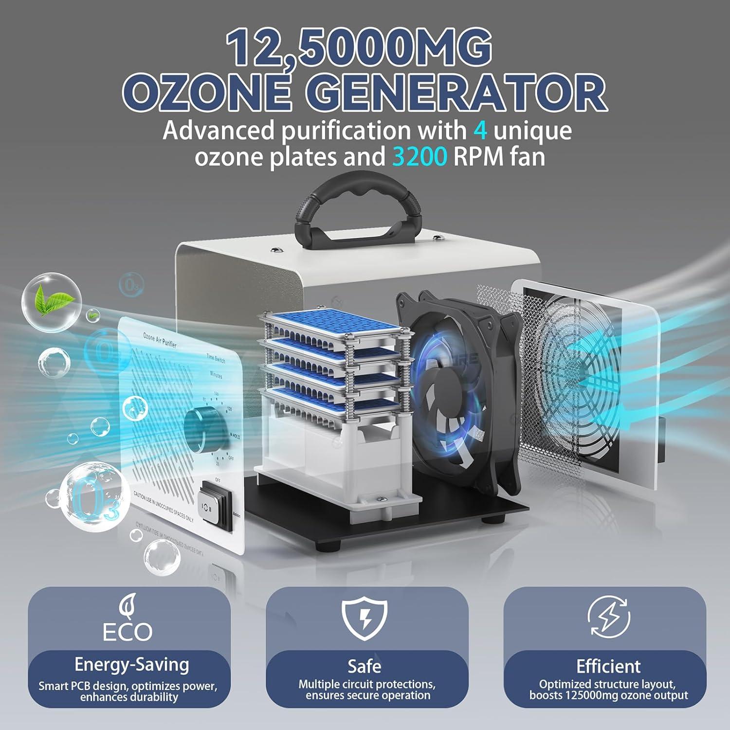 Generador de Ozono 125,000 mg/h CQ-60g Purificador de Aire Plata