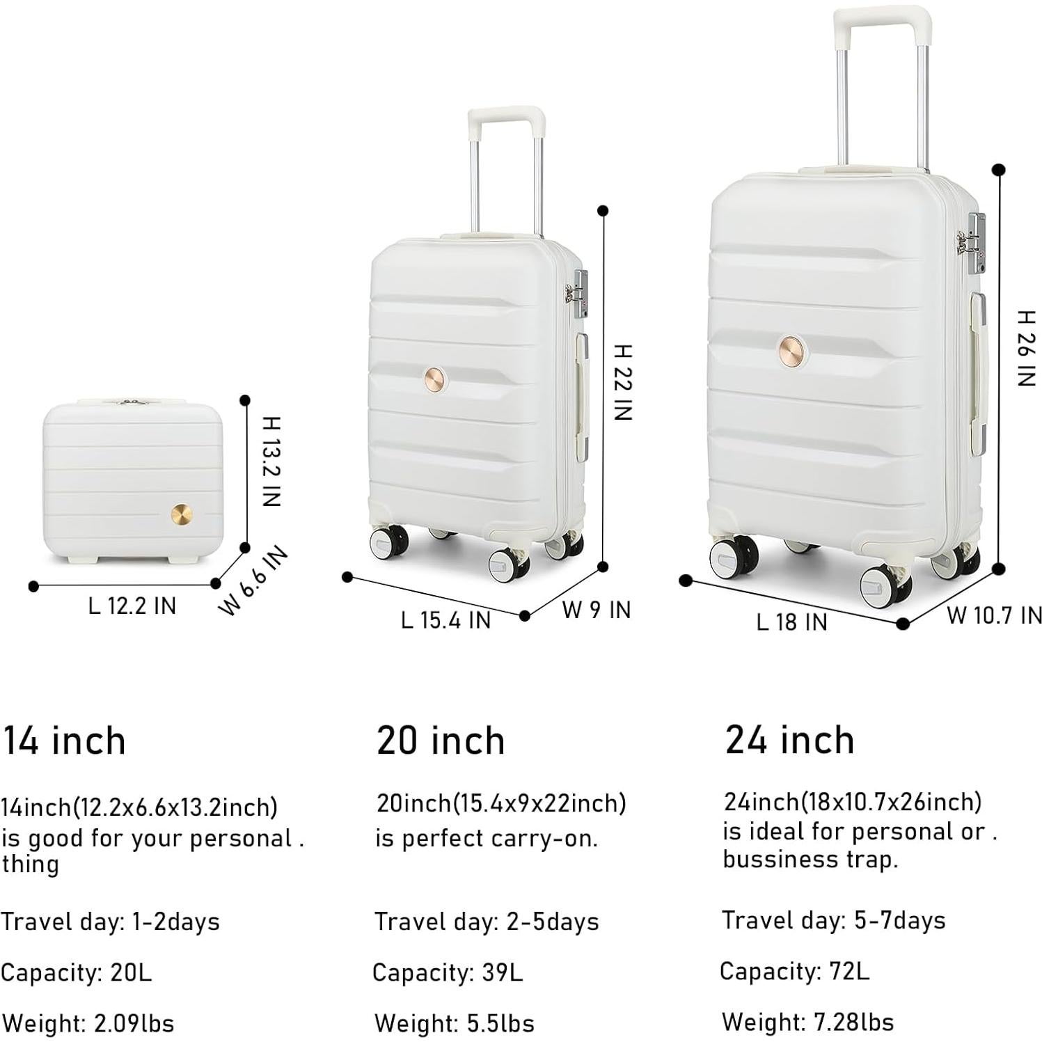 Juego de Maletas Somago 3 Piezas PP 35.6/50.8/61 cm Blanco Crema