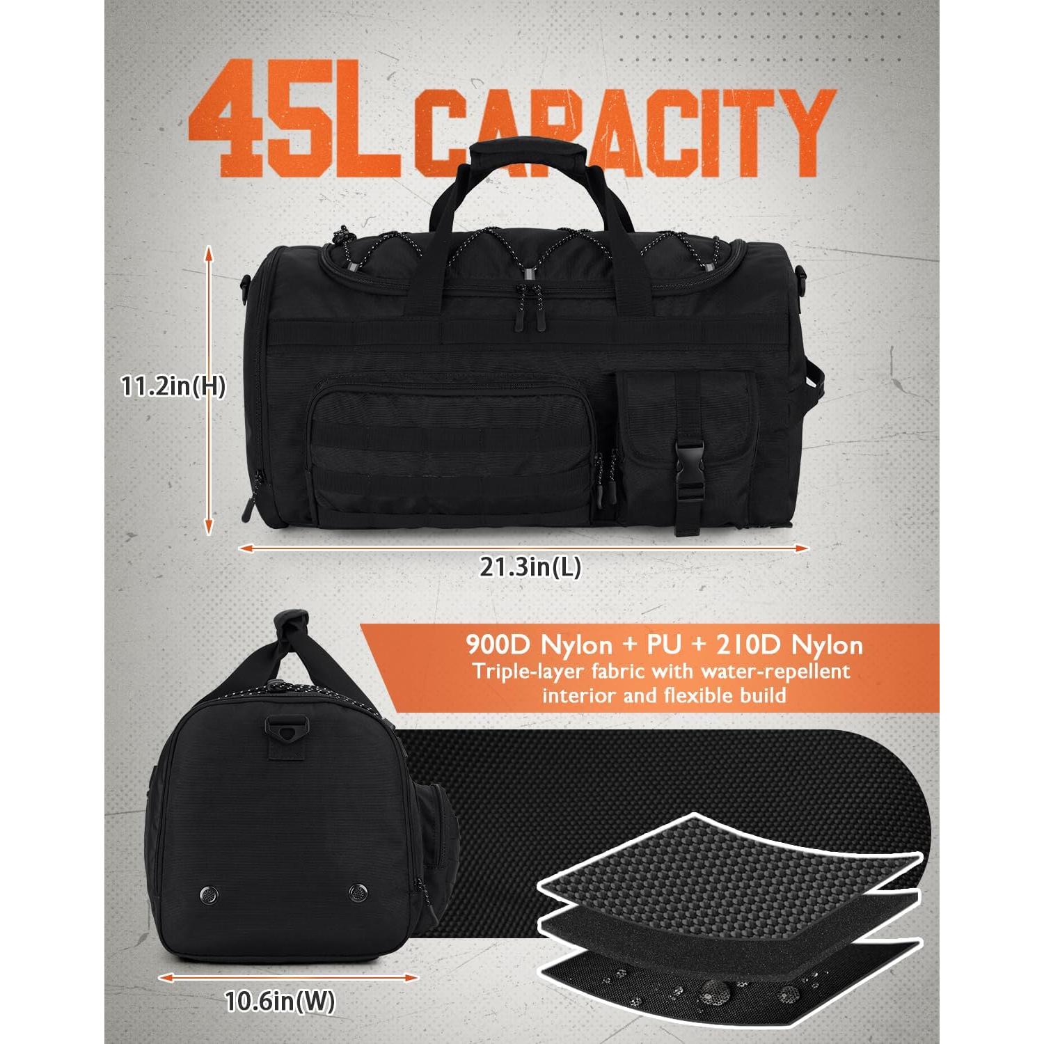 Bolsa de Duffel Gonex 45L Unisex Negra 3 en 1 con Compartimentos