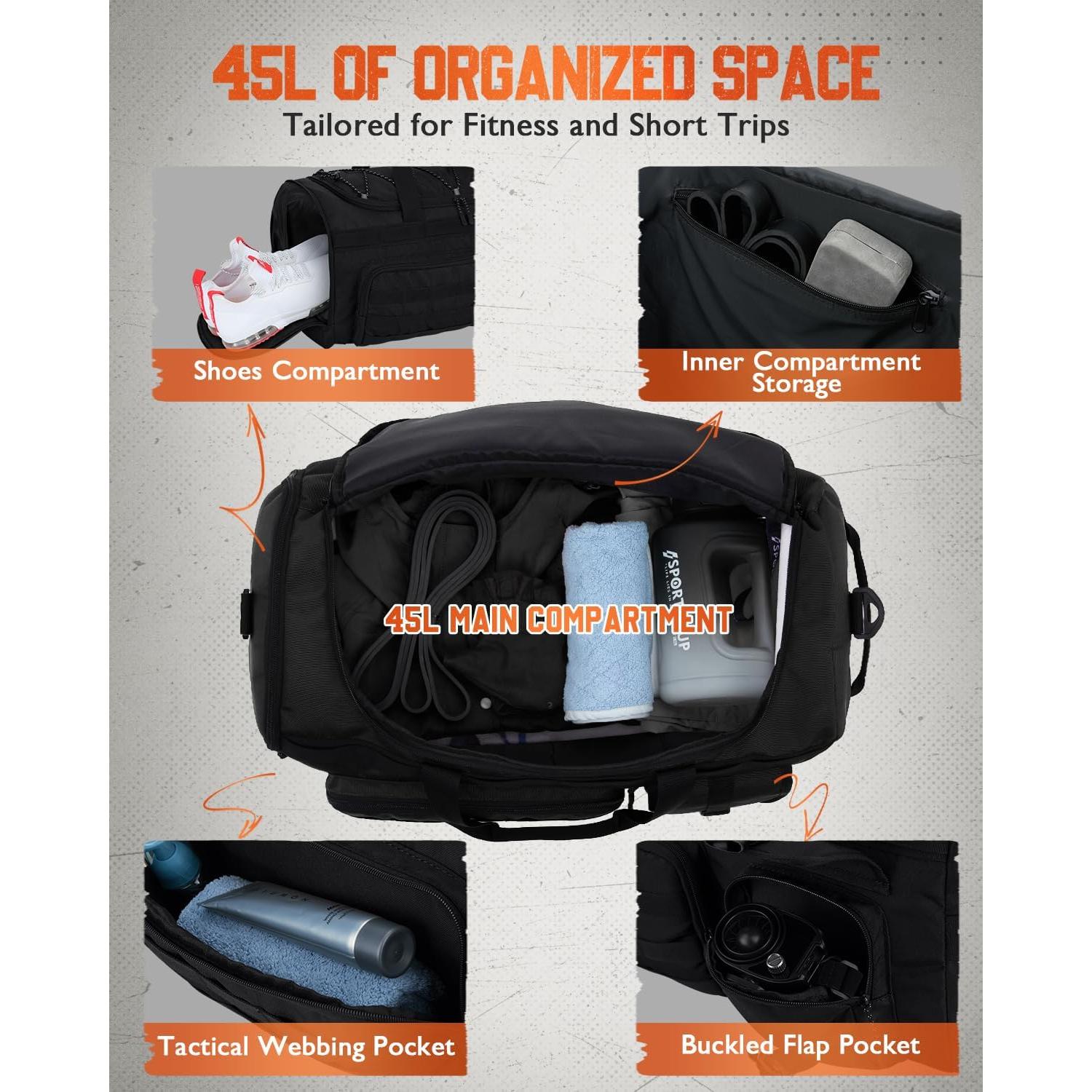 Bolsa de Duffel Gonex 45L Unisex Negra 3 en 1 con Compartimentos