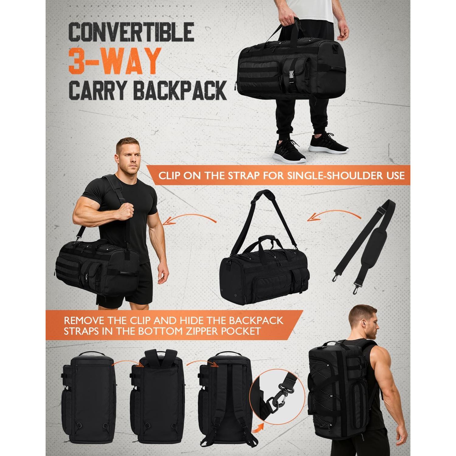 Bolsa de Duffel Gonex 45L Unisex Negra 3 en 1 con Compartimentos