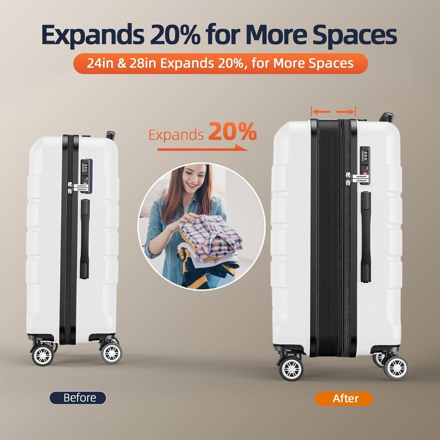 SHOWKOO Juego de Maletas Expandibles 3 Piezas PC+ABS Blancas