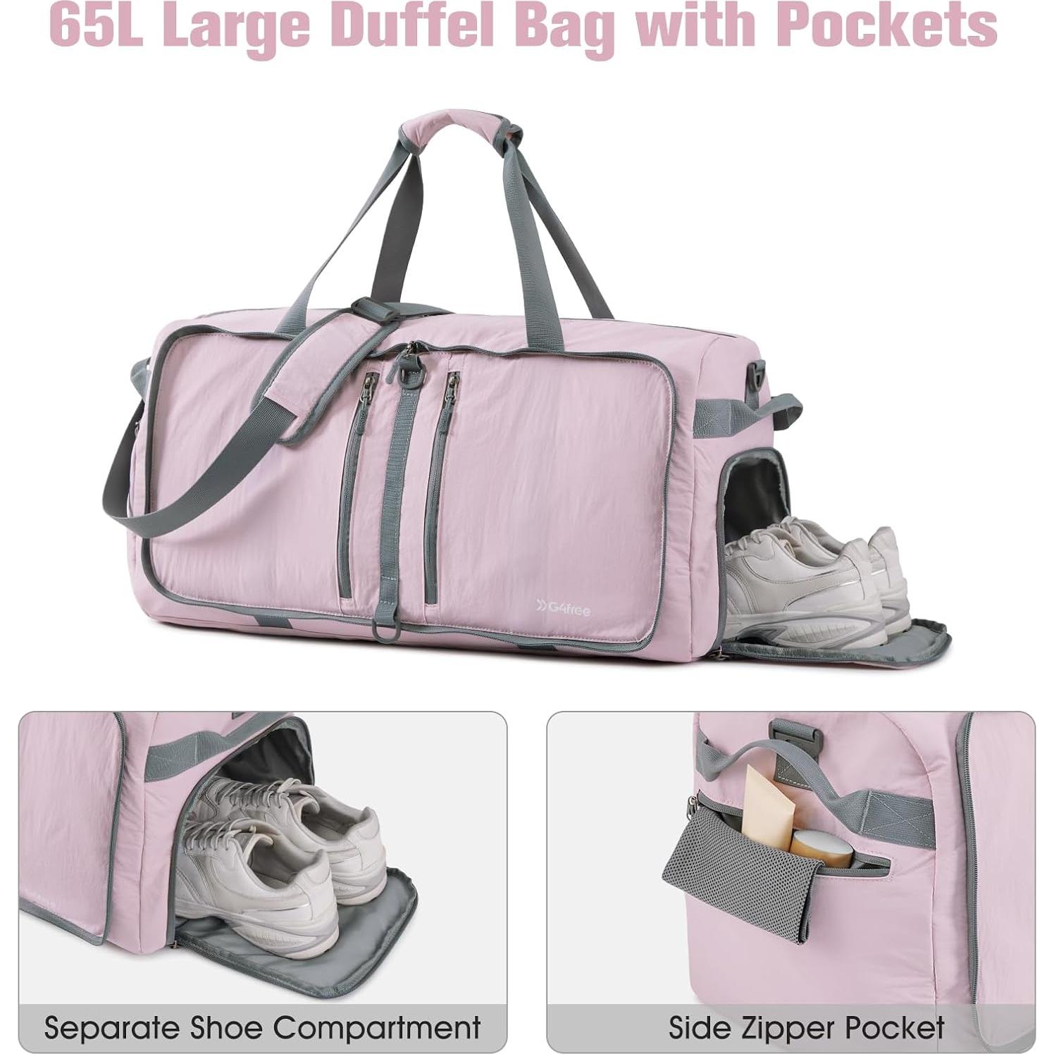 Bolsa de Viaje Plegable G4Free 65L Rosa con Compartimento para Zapatos