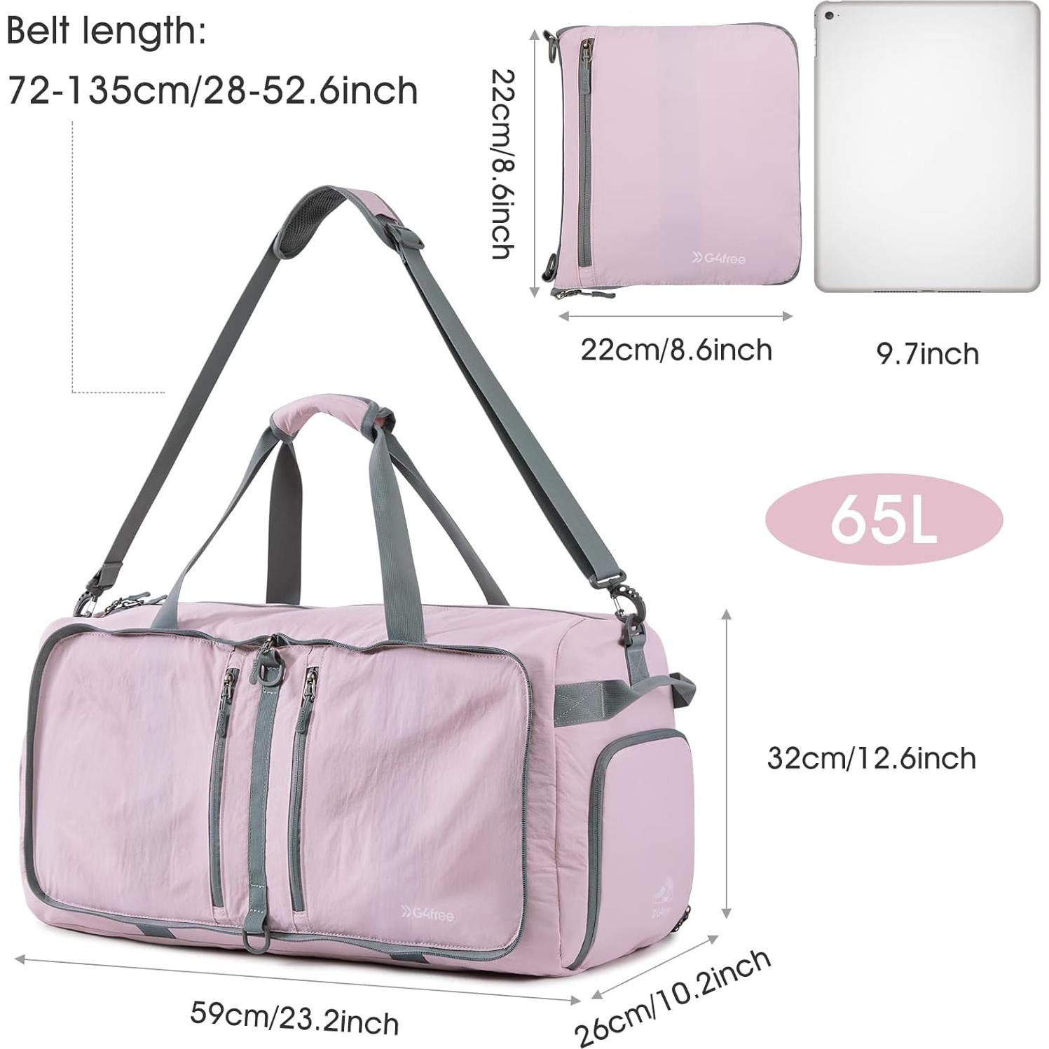 Bolsa de Viaje Plegable G4Free 65L Rosa con Compartimento para Zapatos