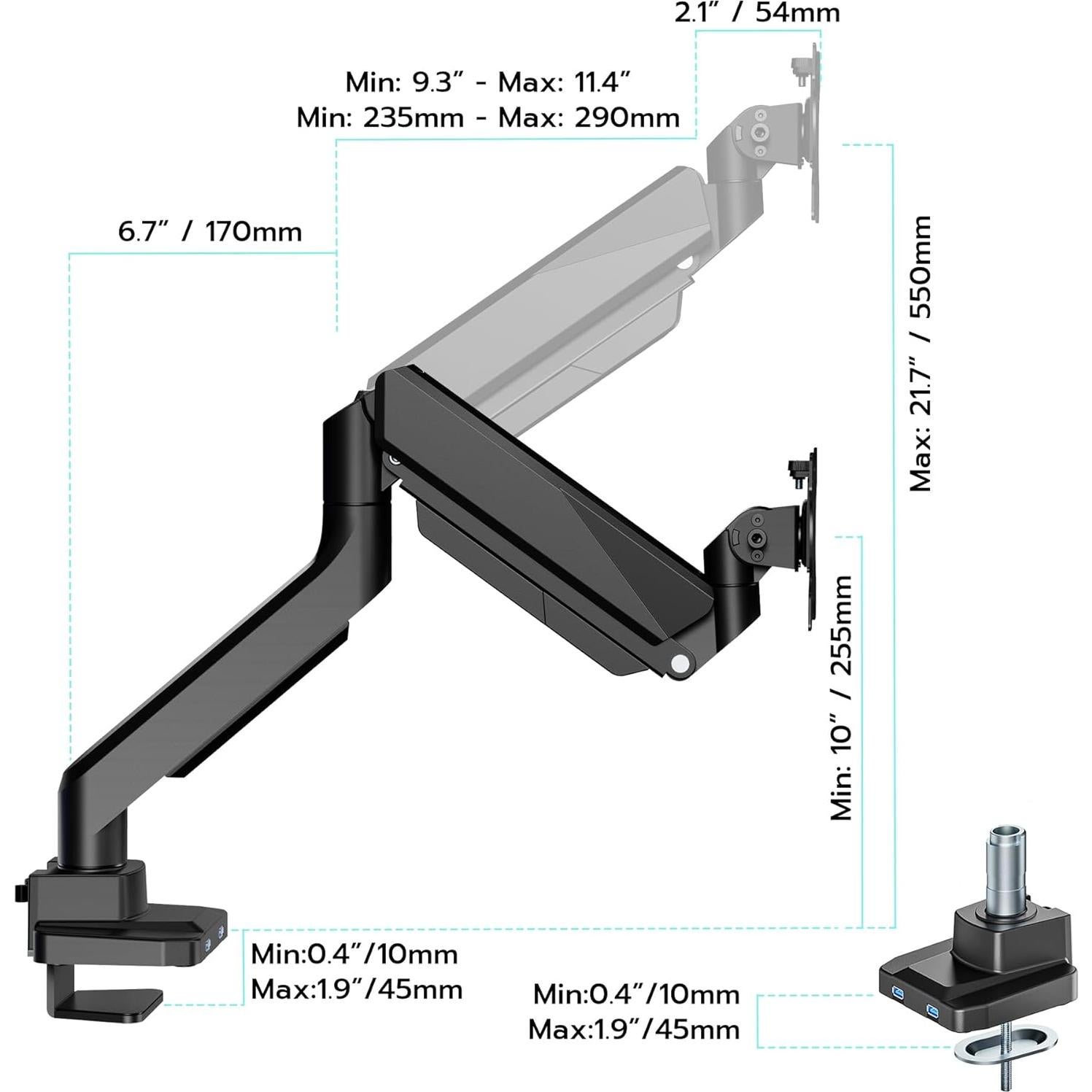 Brazo de Monitor ARES WING Ajustable 13"-49" Negro con USB