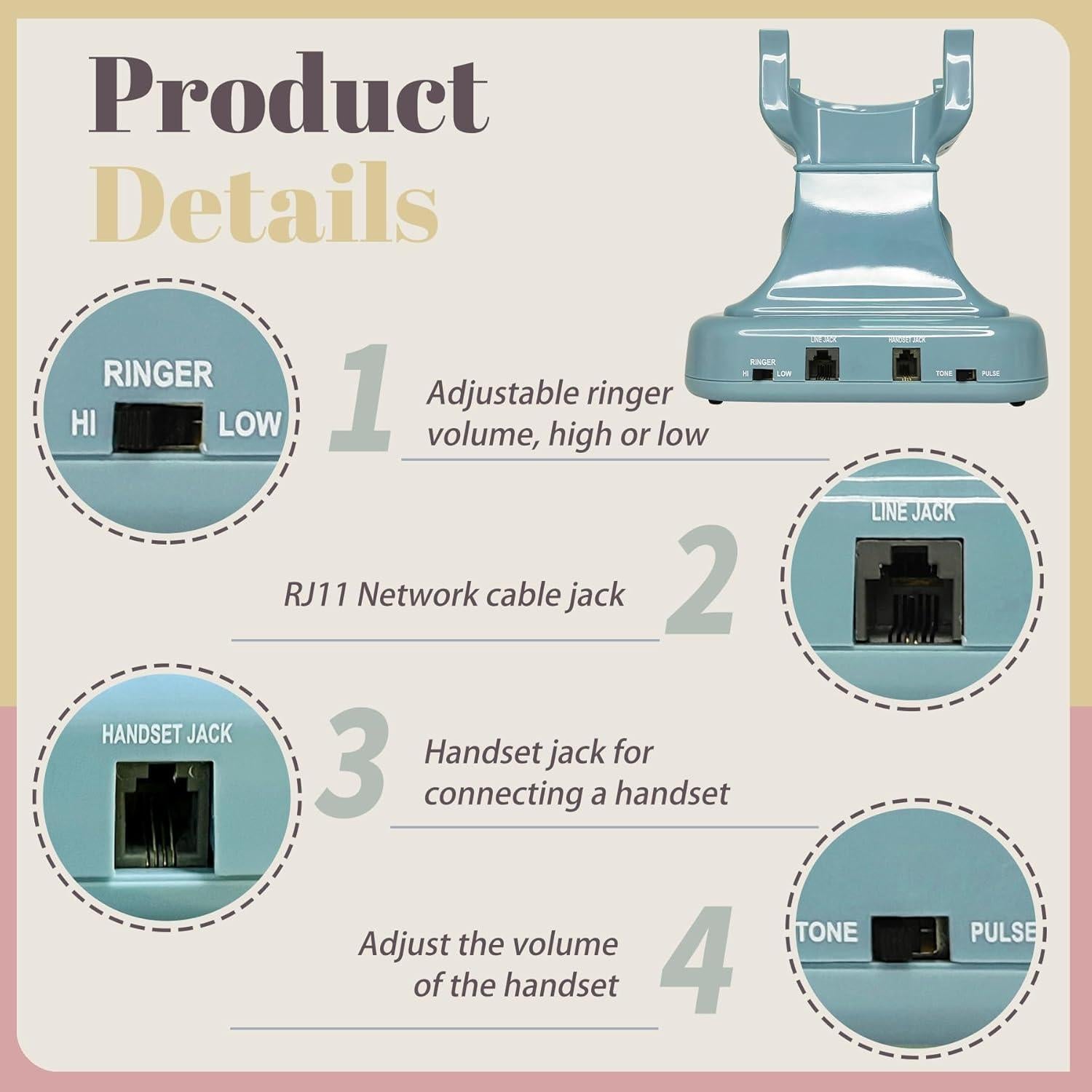 Teléfono de Línea Fija Retro WORVABE Azul con Redial