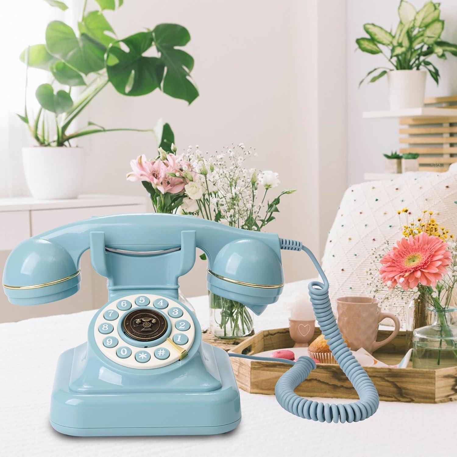Teléfono de Línea Fija Retro WORVABE Azul con Redial