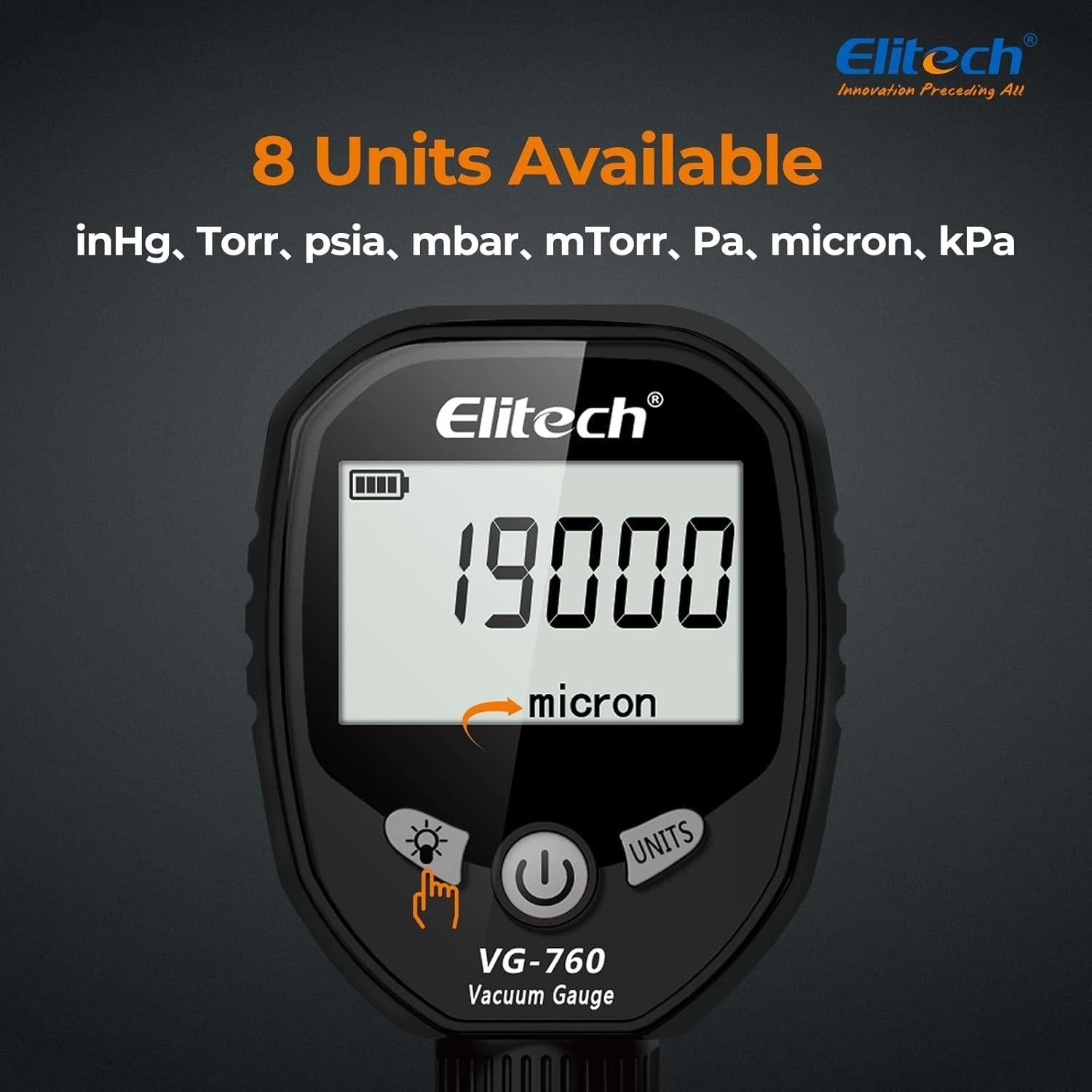 Medidor de Vacío Digital Elitech VG-760 0-19000 Micrón HVAC